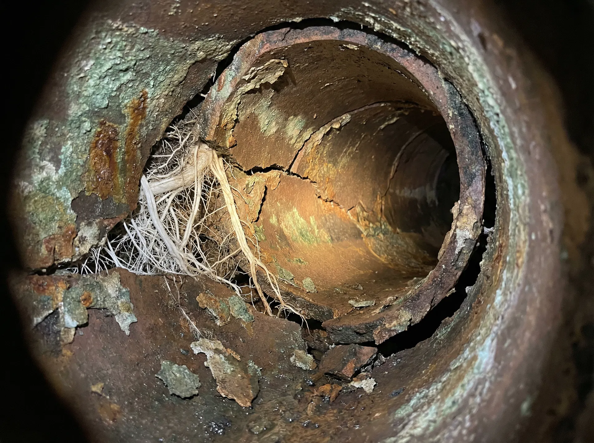Severely cracked and root-damaged sewer pipe requiring trenchless repair