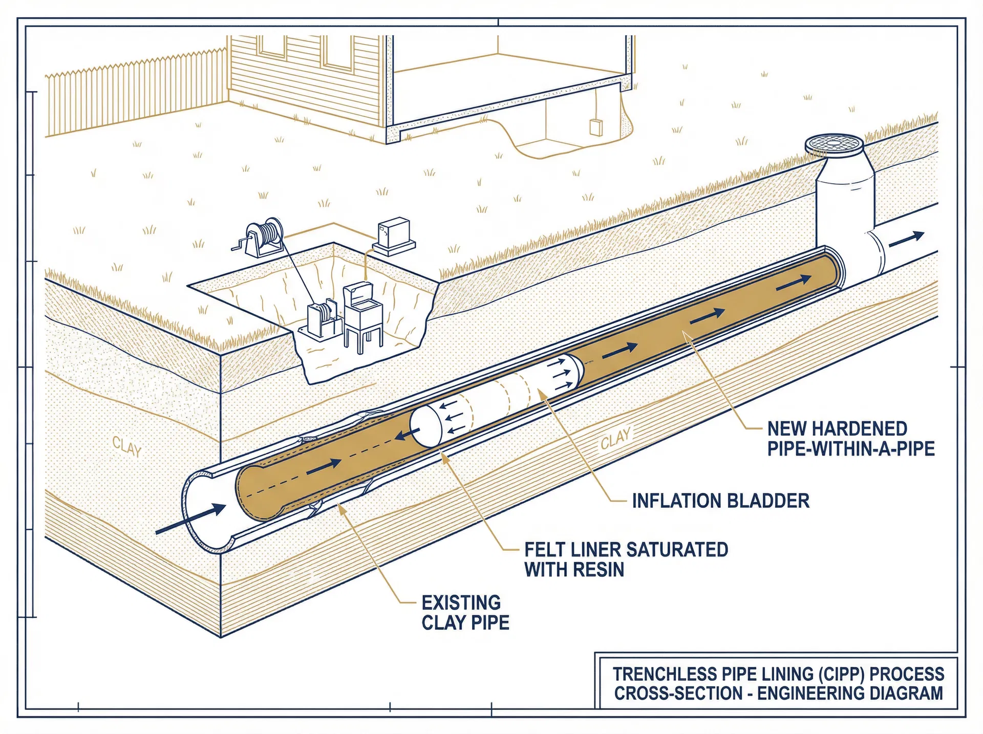CIPP trenchless pipe lining cross-section diagram