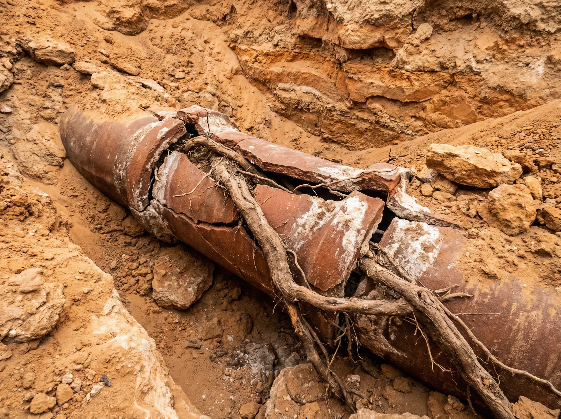 Cracked and root-infiltrated sewer pipe in Spring Valley desert soil