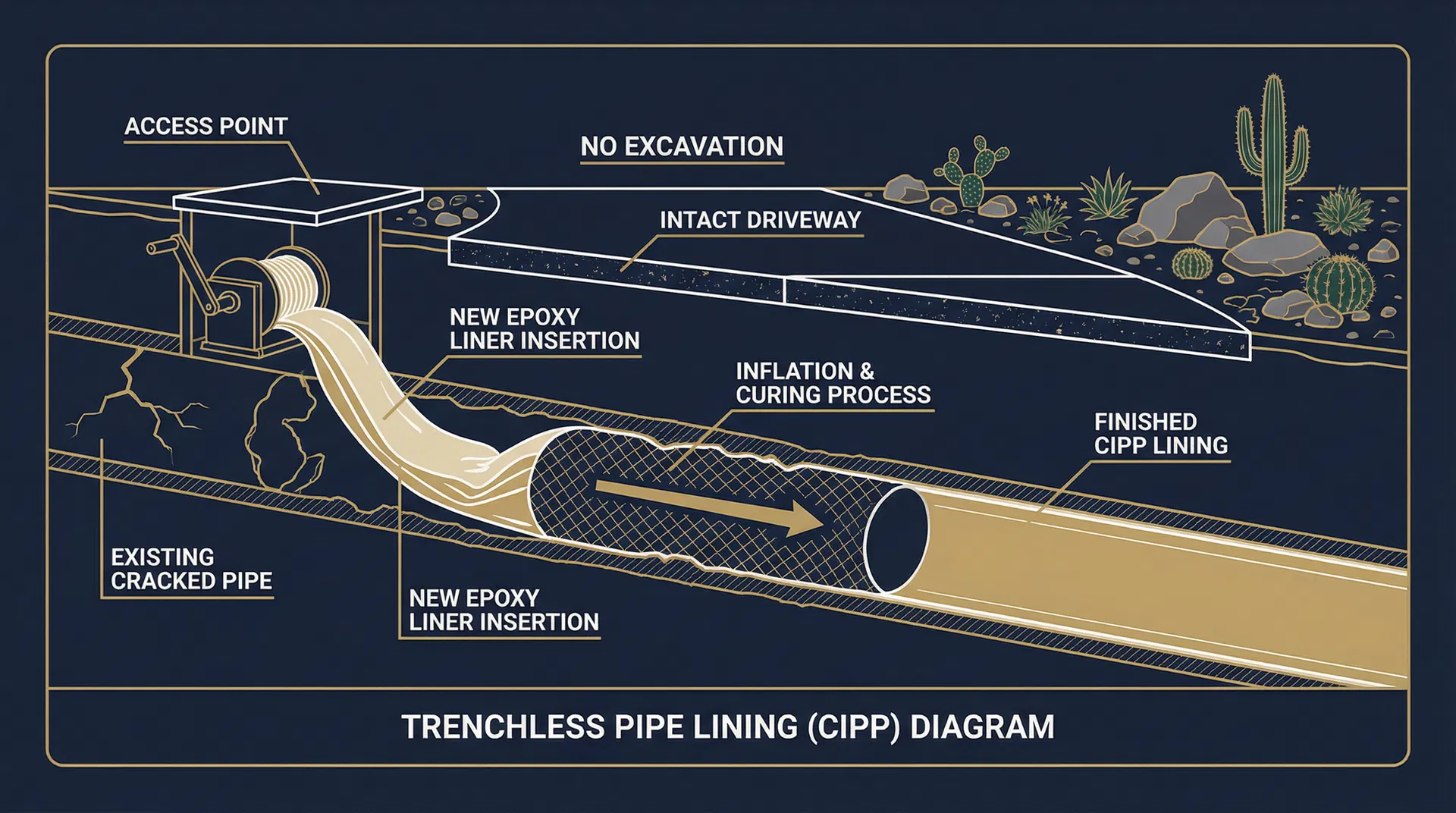 Trenchless pipe lining CIPP cross-section diagram