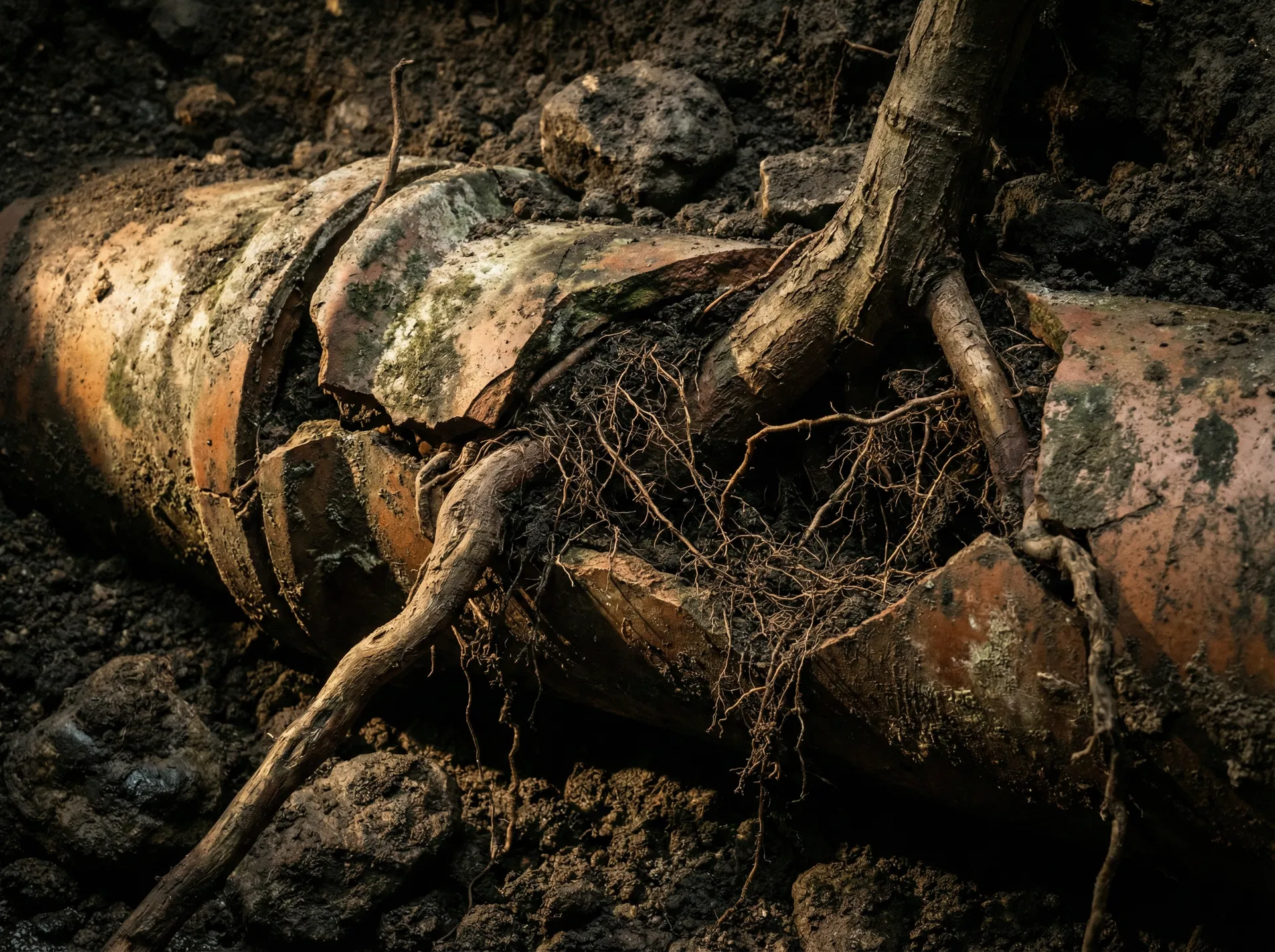 Severely deteriorated clay sewer pipe with root intrusion