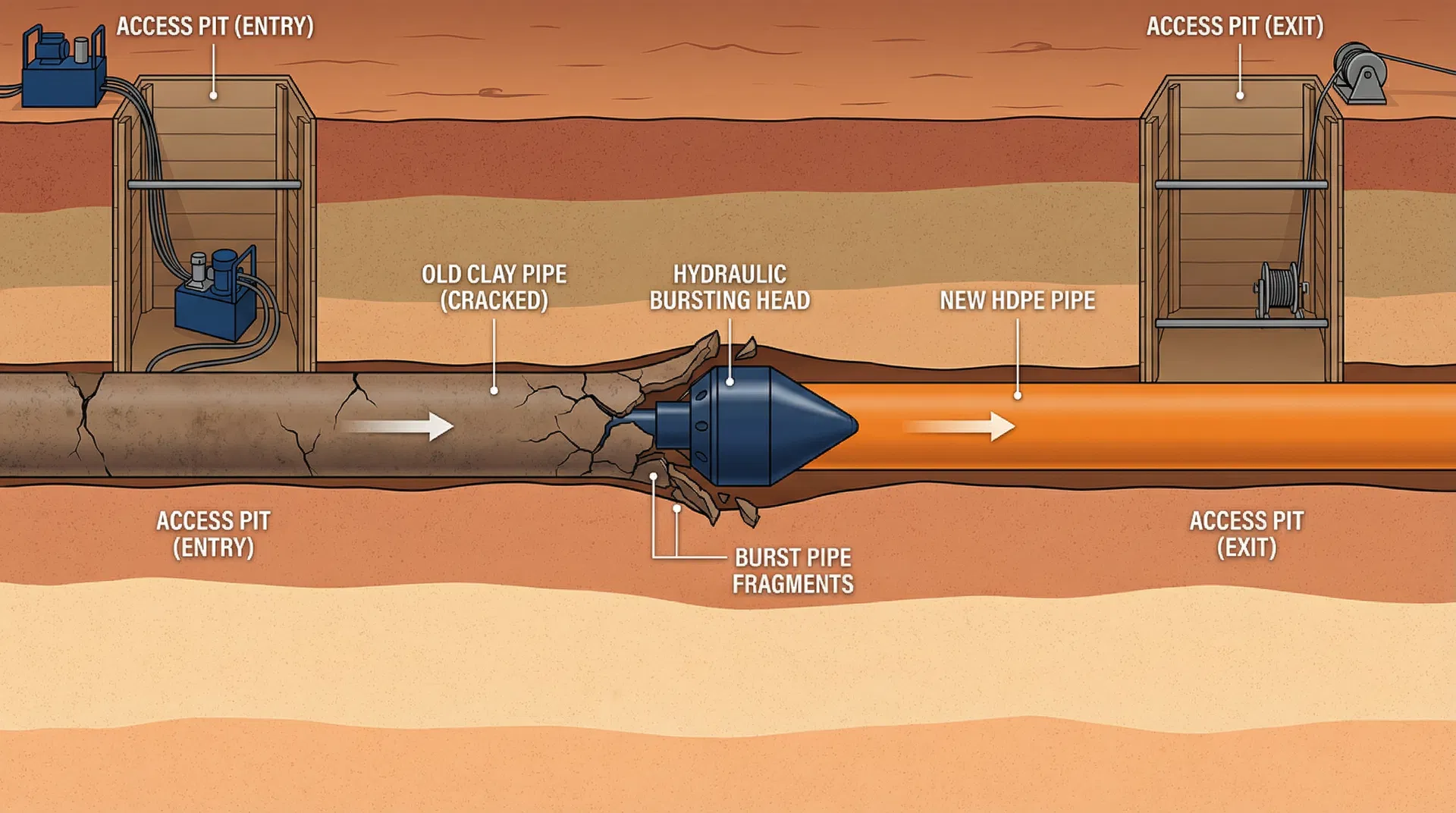 Trenchless pipe bursting process diagram showing old clay pipe being replaced by new HDPE pipe