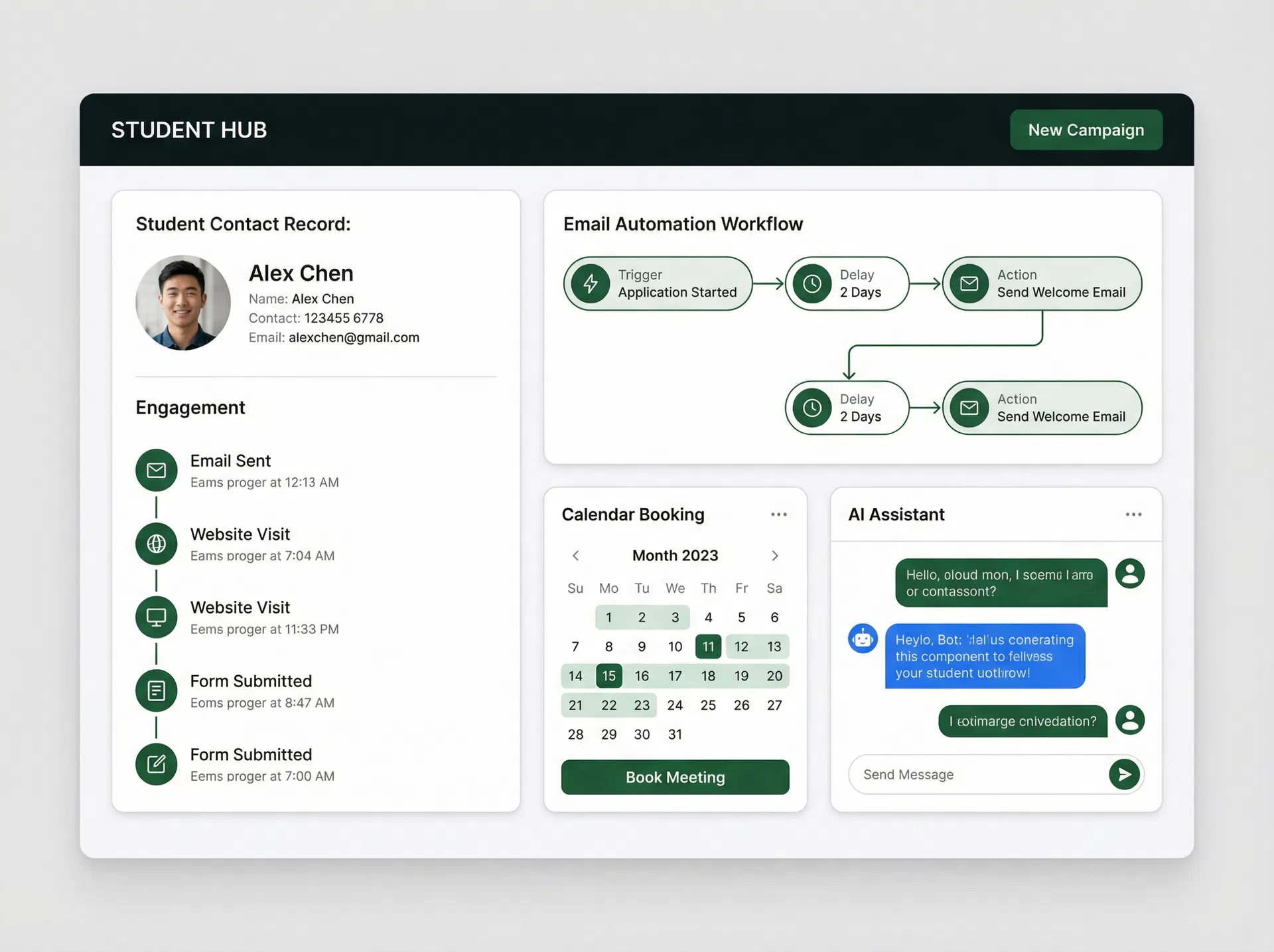 GoHighLevel CRM Dashboard showing student contact records, email automation workflows, calendar booking, and AI assistant