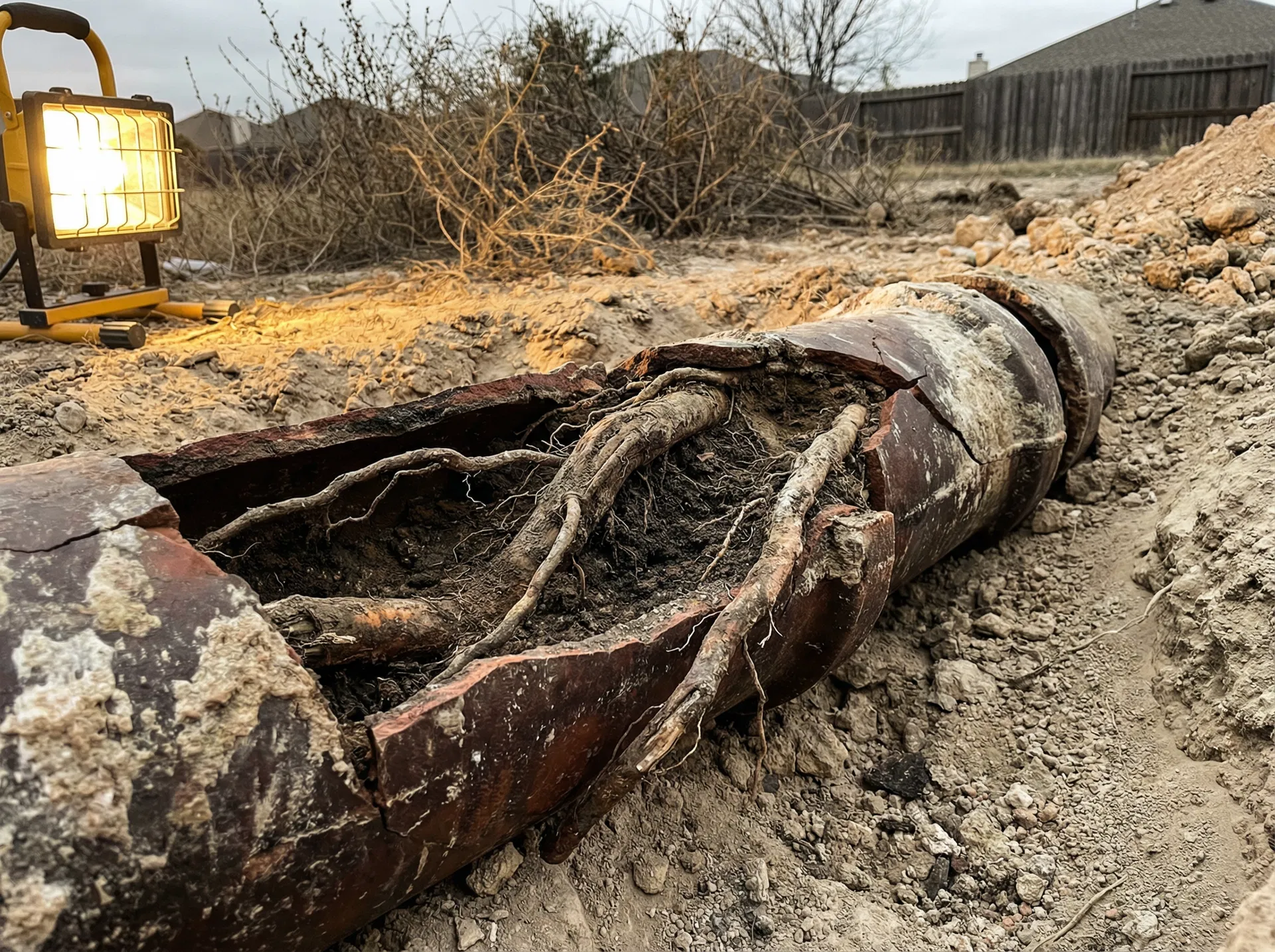 Severely deteriorated clay sewer pipe with root intrusion excavated from Boulder City yard