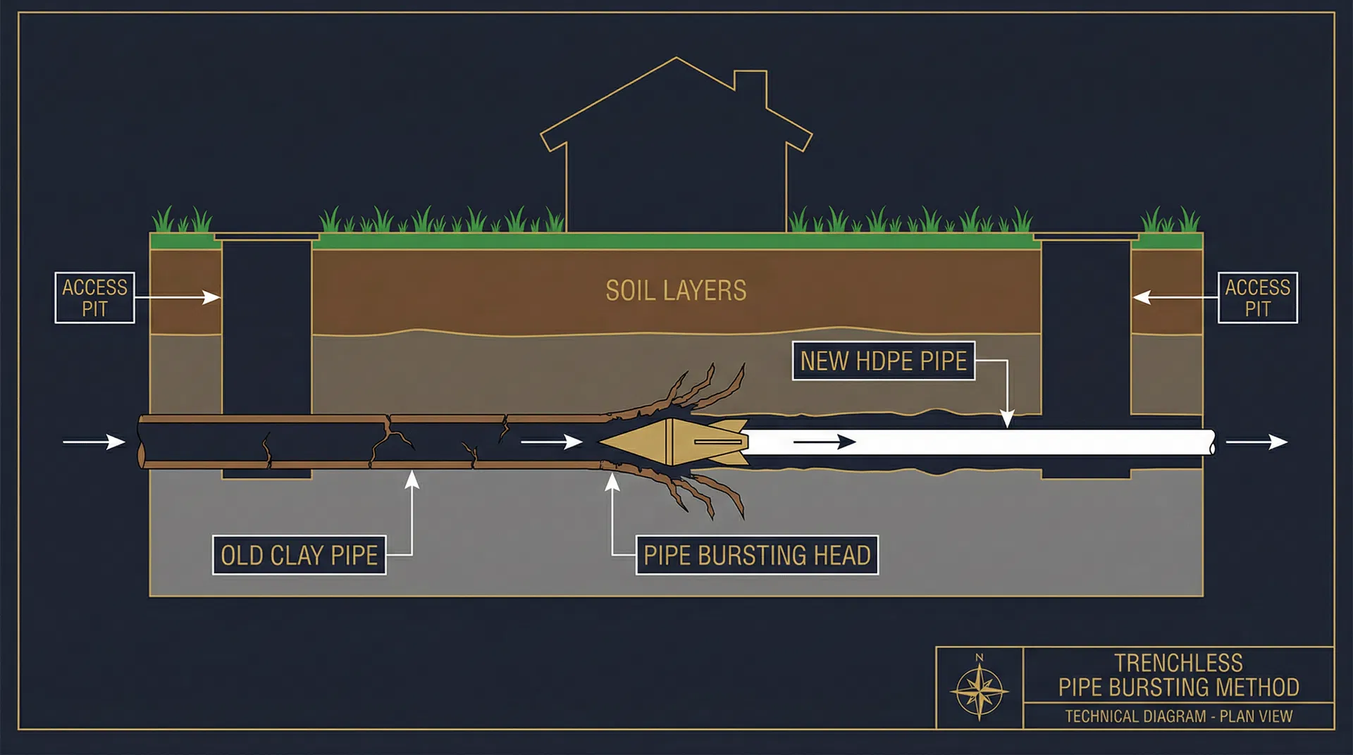 Technical diagram showing trenchless pipe bursting method with old clay pipe being replaced by new HDPE pipe