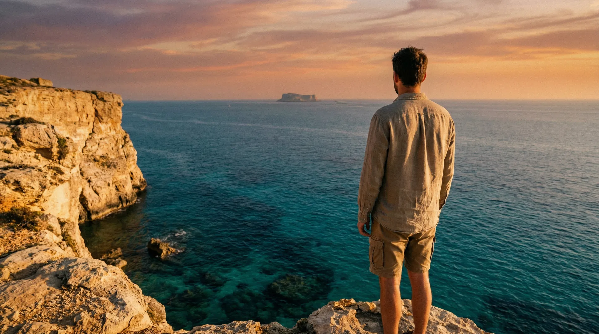 Person overlooking Malta's limestone cliffs and turquoise sea at golden hour