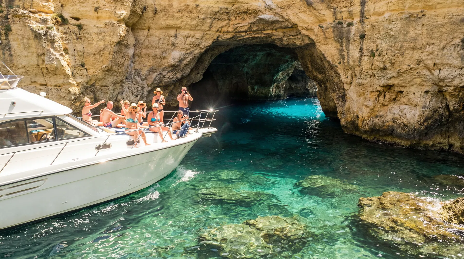 Boat Tours Malta - Speedboat at Comino Cave with Tourists