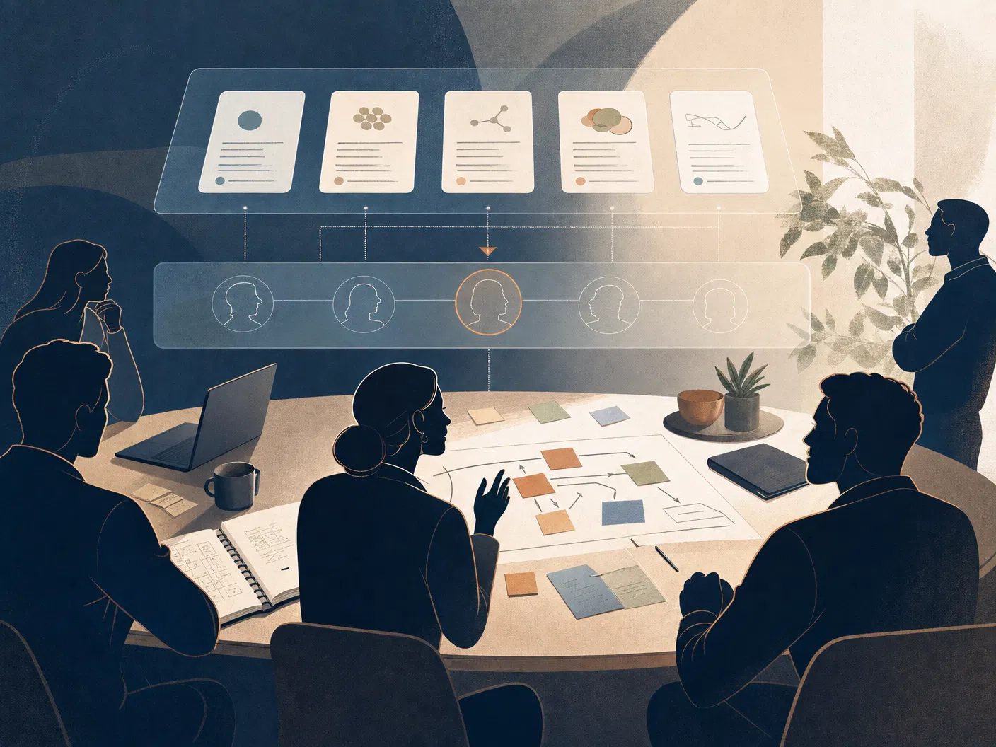 Human consultant coordinating AI workflows with a team