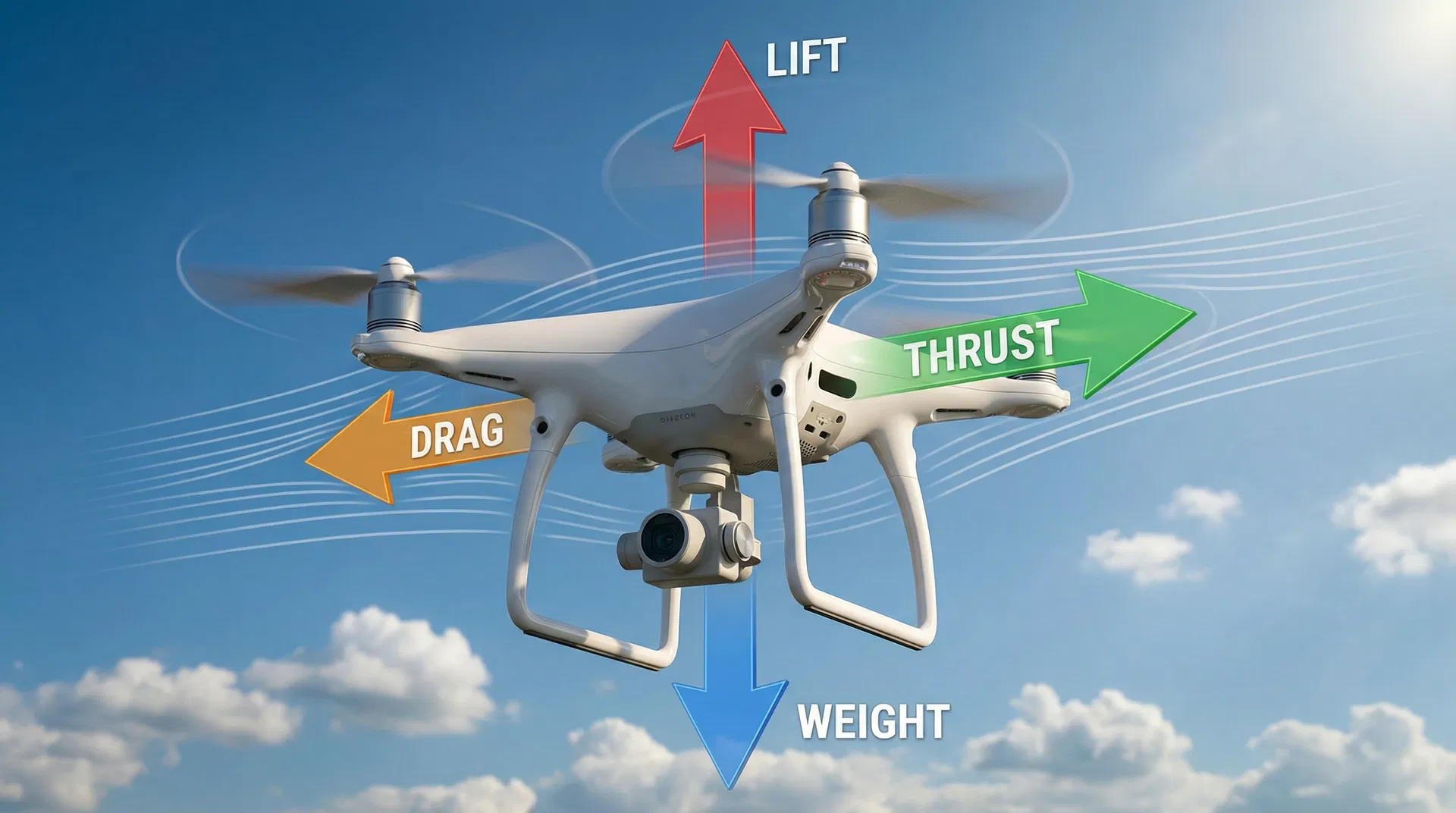 Diagrama 3D de forças aerodinâmicas em drone