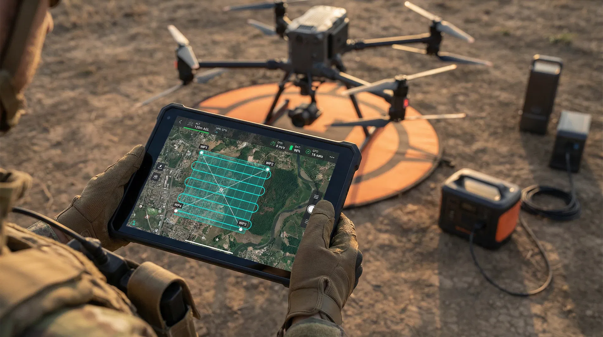 Grid de planejamento de missão com waypoints, altitude e zonas de exclusão