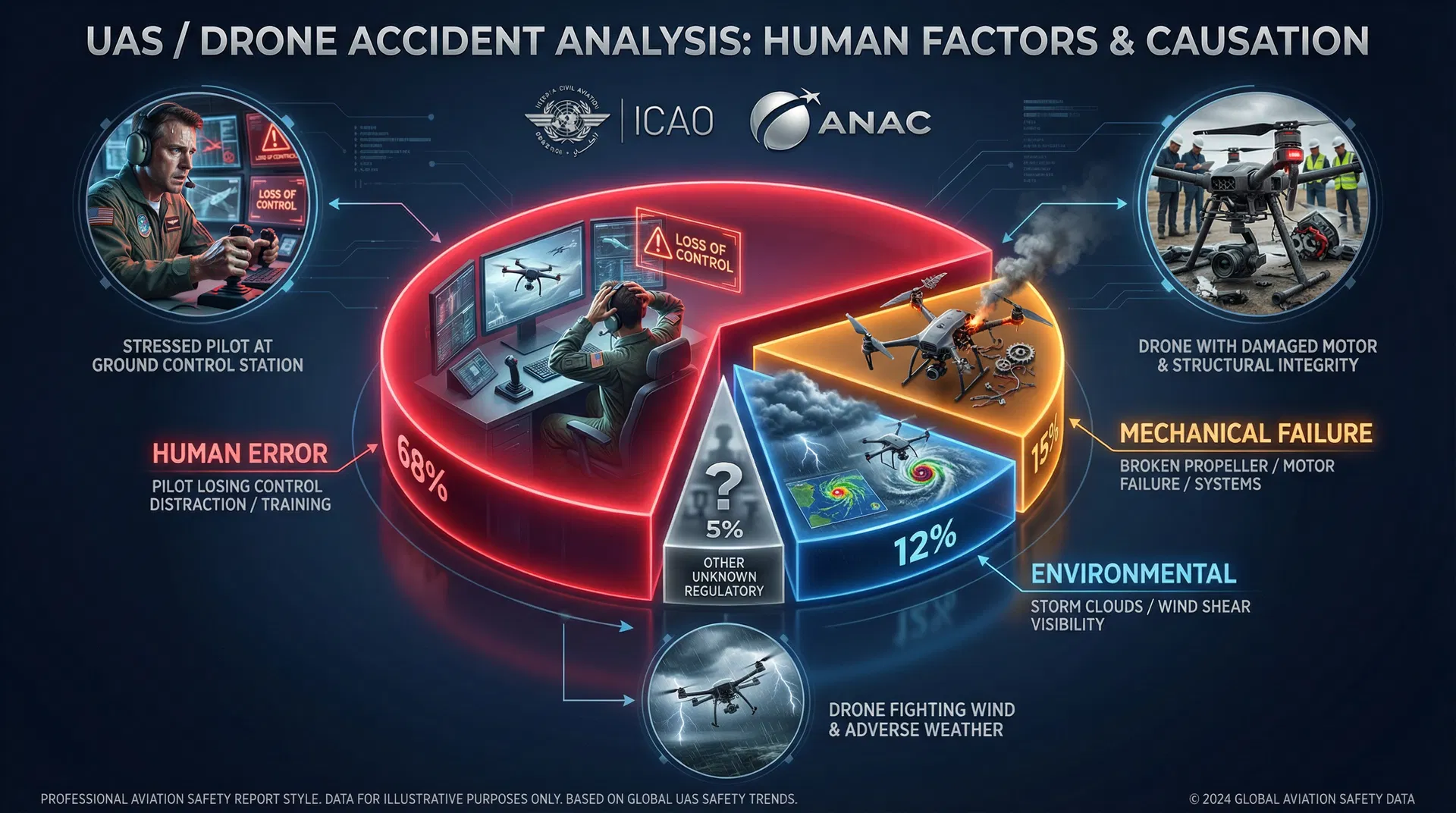 Gráfico de distribuição das causas de acidentes com UAS