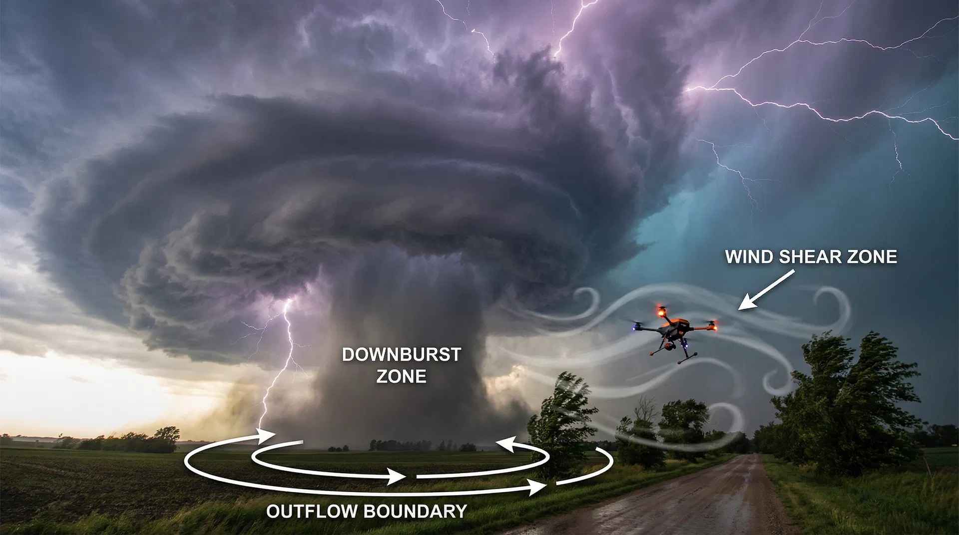 Diagrama de windshear e downburst para operações UAS