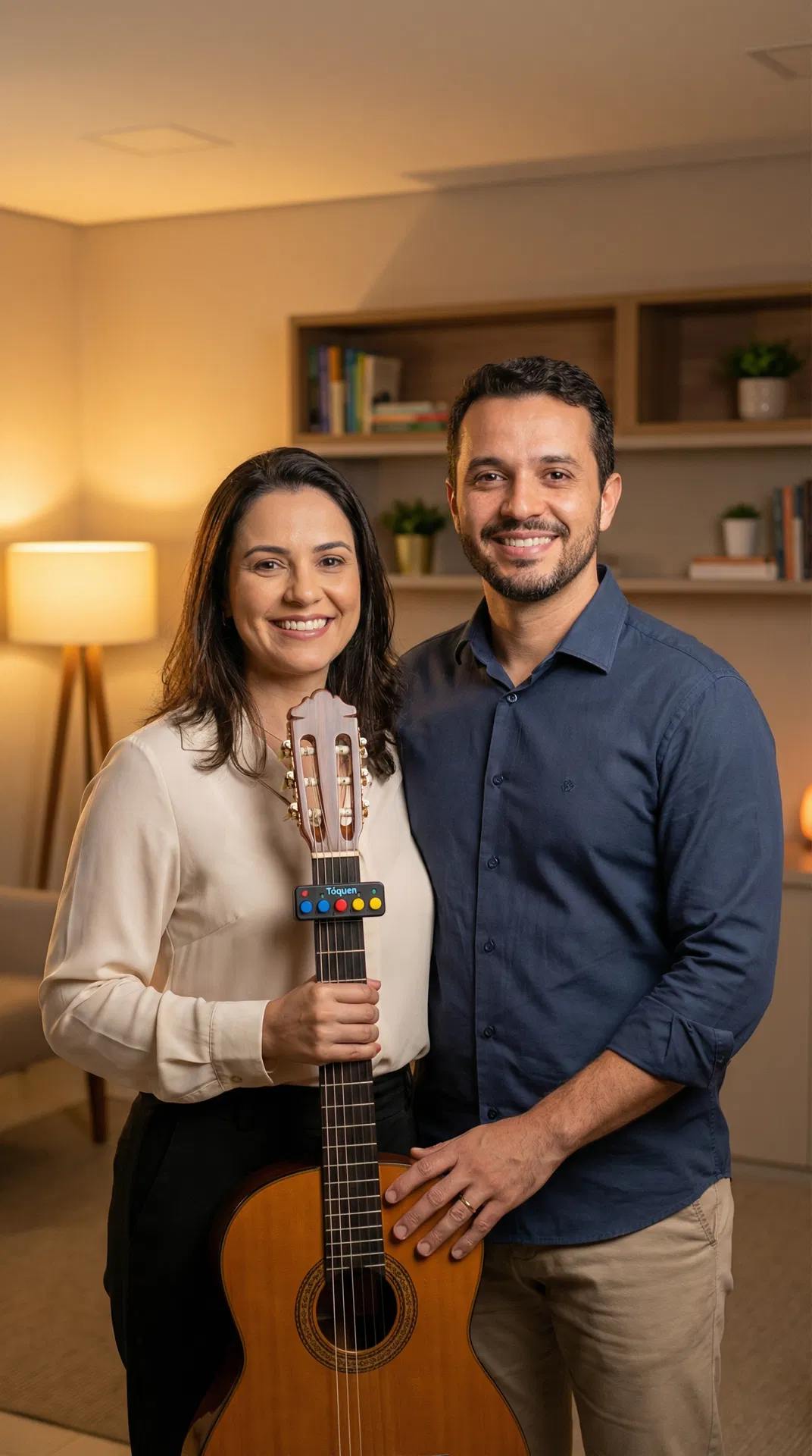 Dra. Ana e Dr. Carlos — musicoterapeutas parceiros Tóquen com violão clássico e dispositivo Tóquen