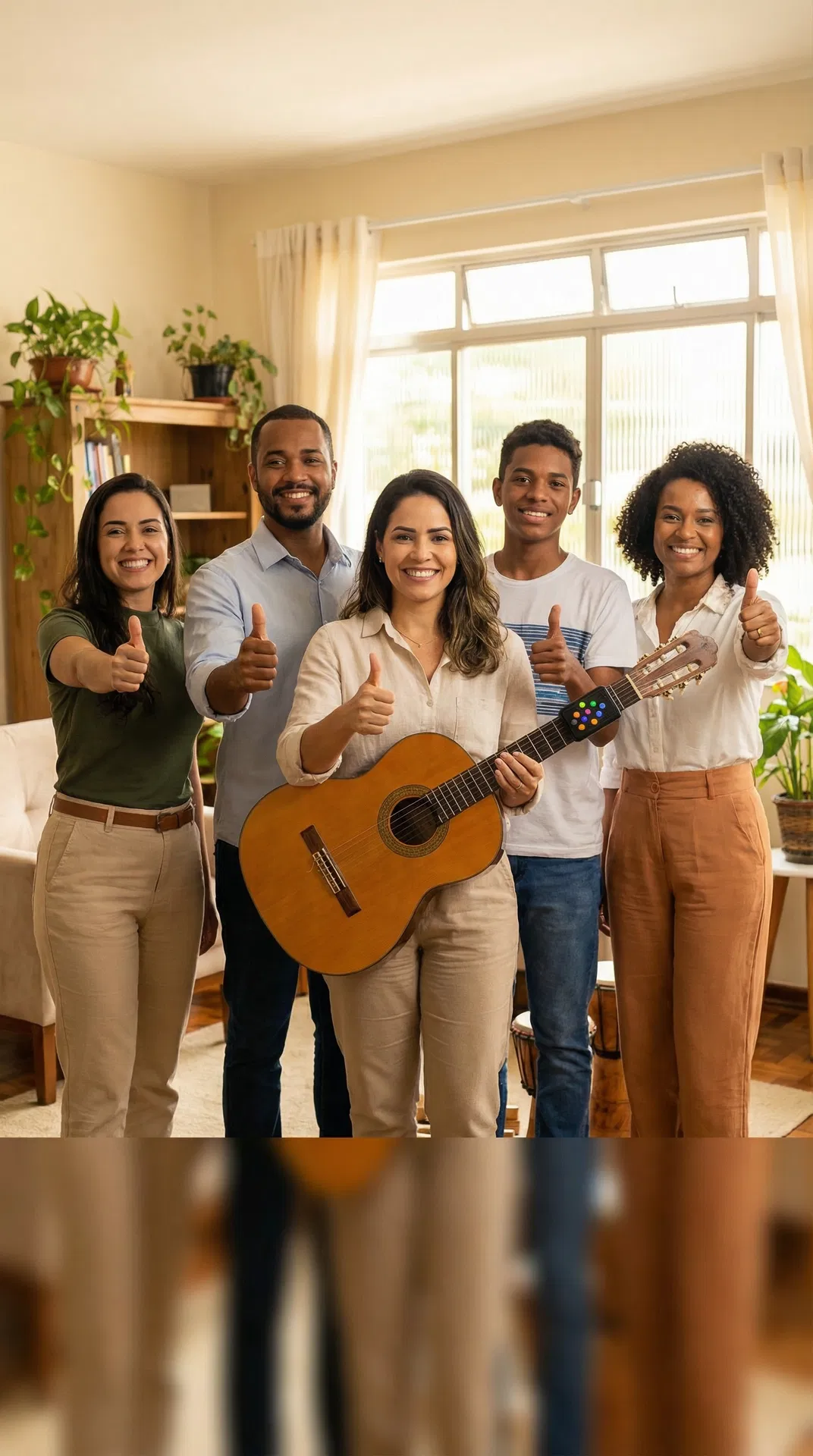 Equipe de musicoterapeutas parceiros Tóquen com violão clássico e dispositivo Tóquen