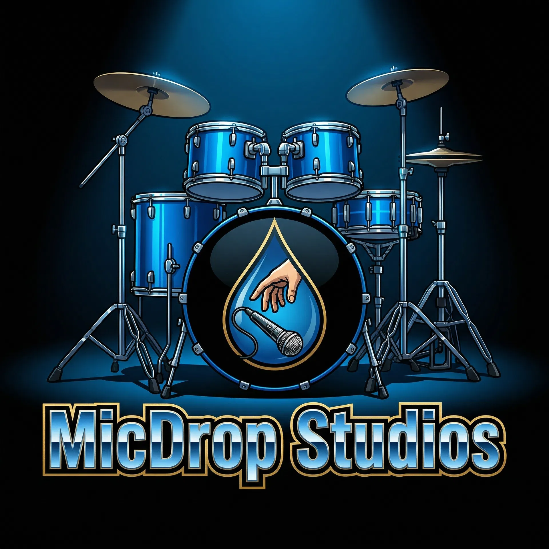 MicDrop Studios — blue drum kit with teardrop mic drop logo