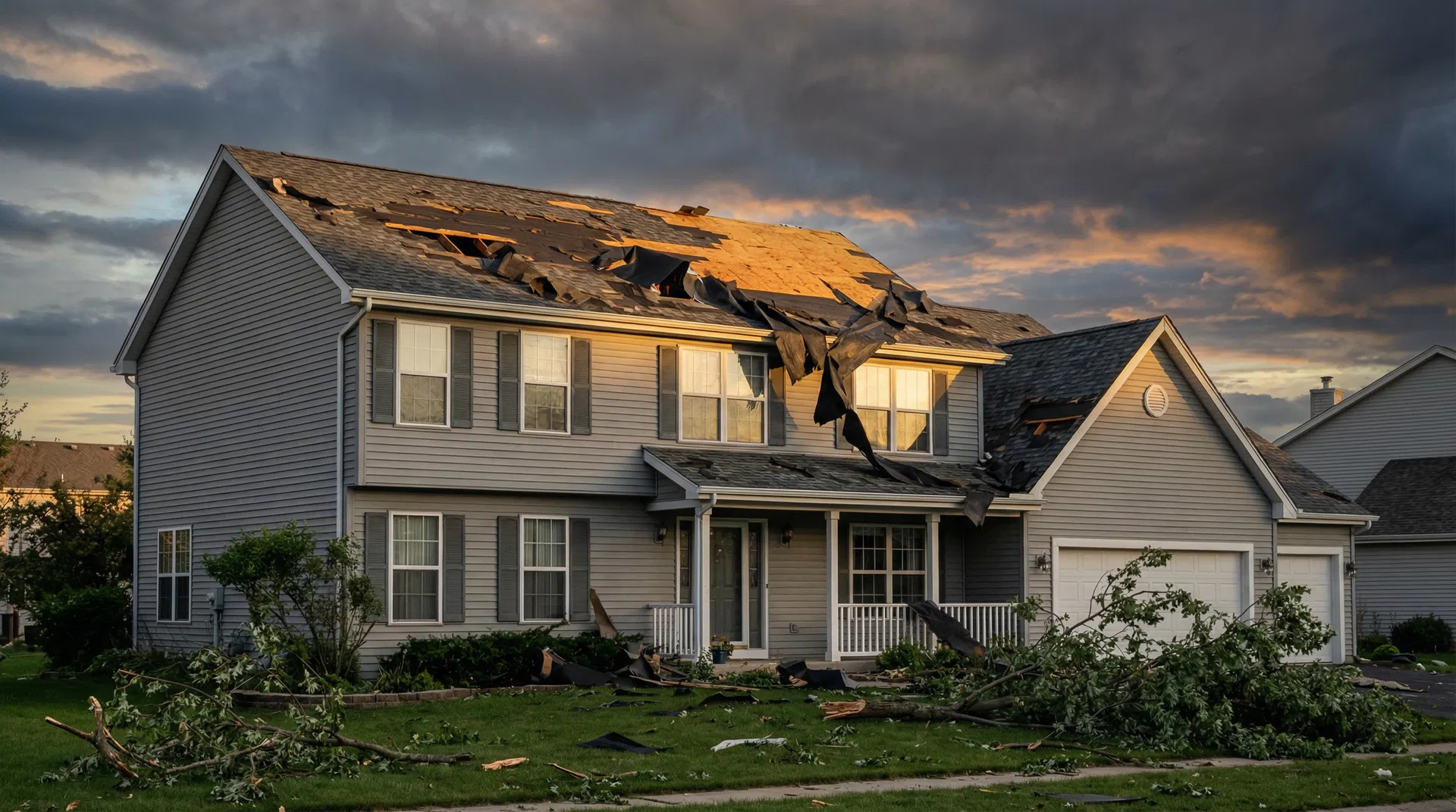 Storm damaged residential home with torn roof shingles and debris