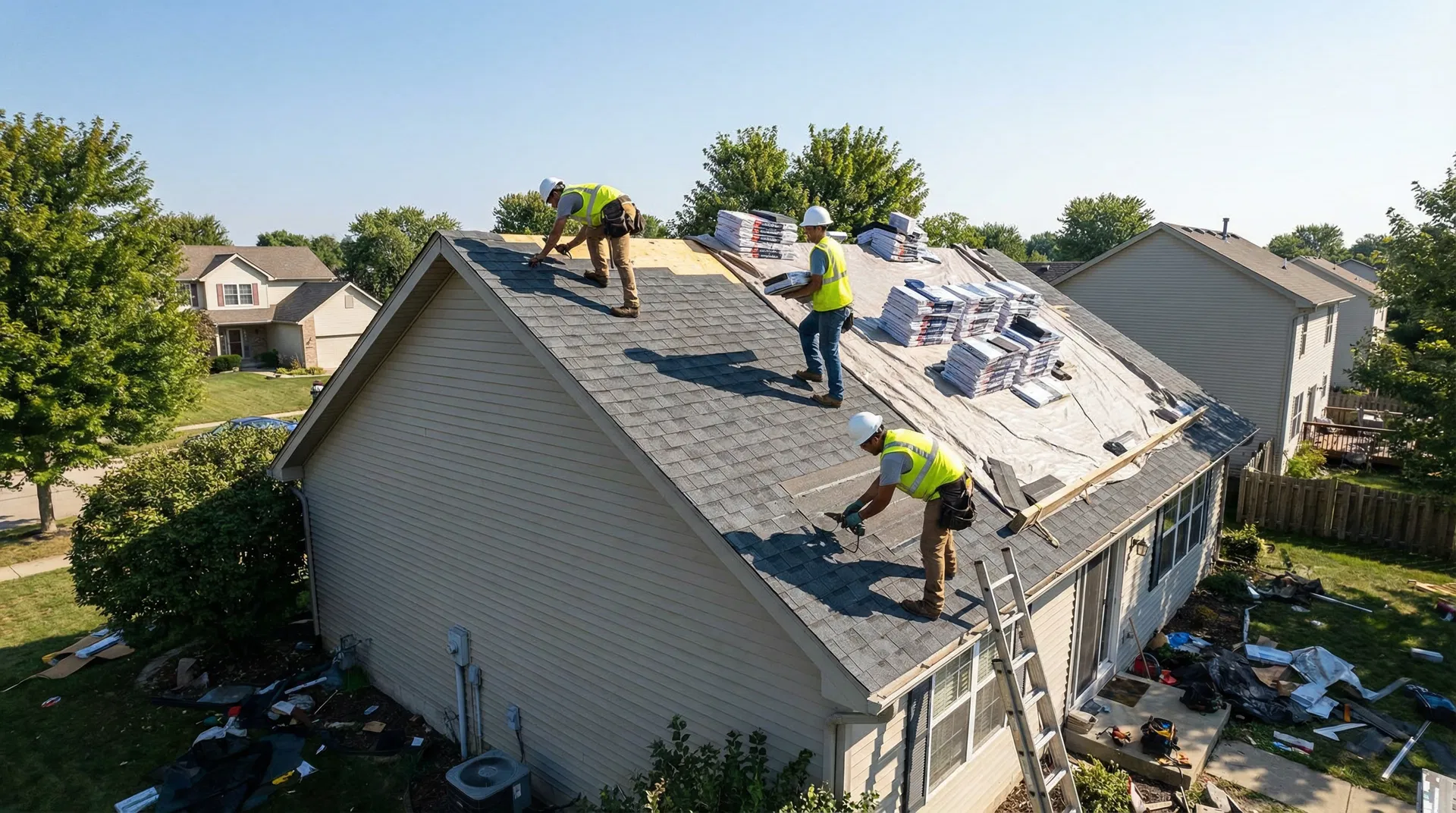 Professional roofing crew installing new shingles on residential home