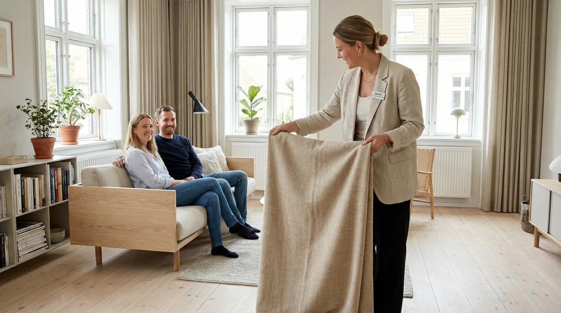 Gardinekspert viser stofprøver til husejere