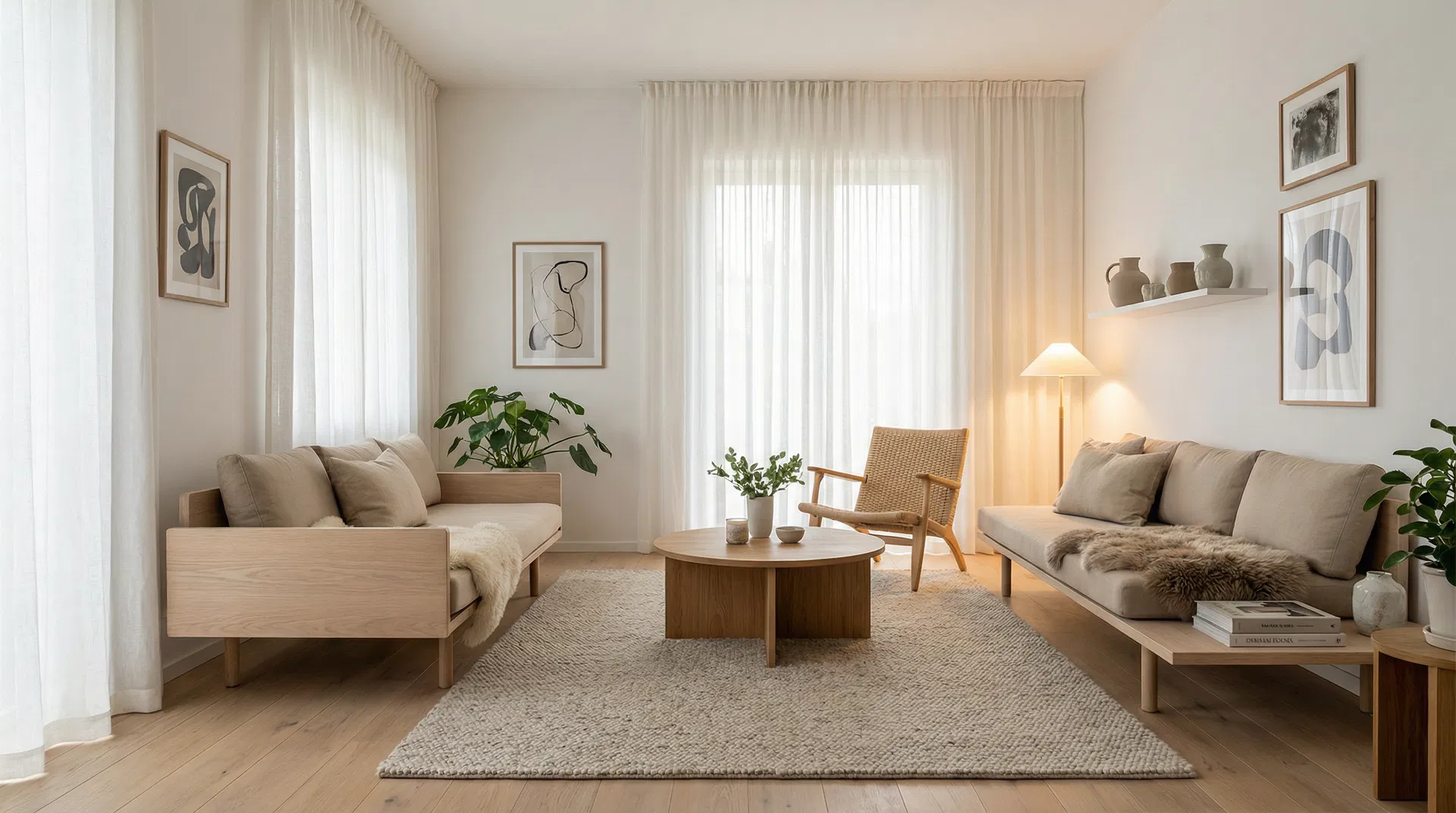 Skandinavisk stue med smukke hvide stofgardiner