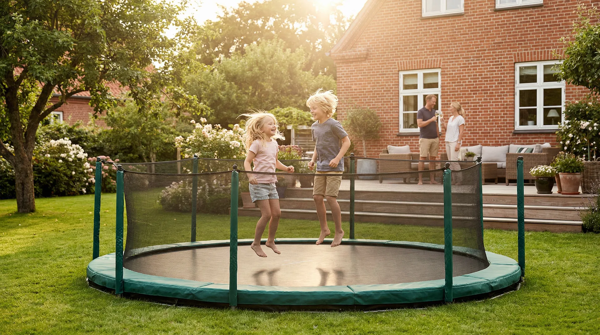 Familie hopper på BERG trampolin i dansk have