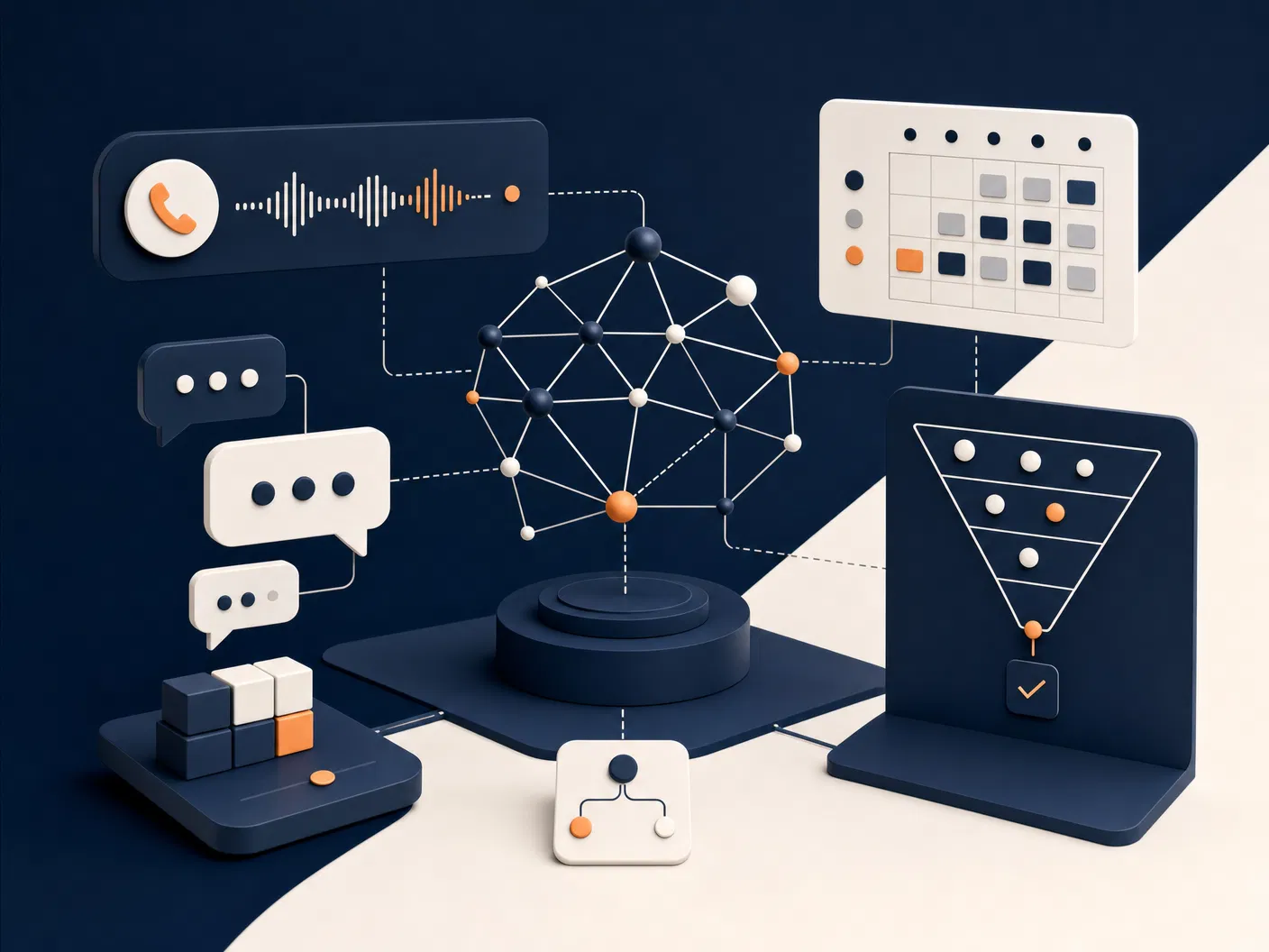Illustration für KI-Agenten, Telefon, Chatbot und Lead-Funnel
