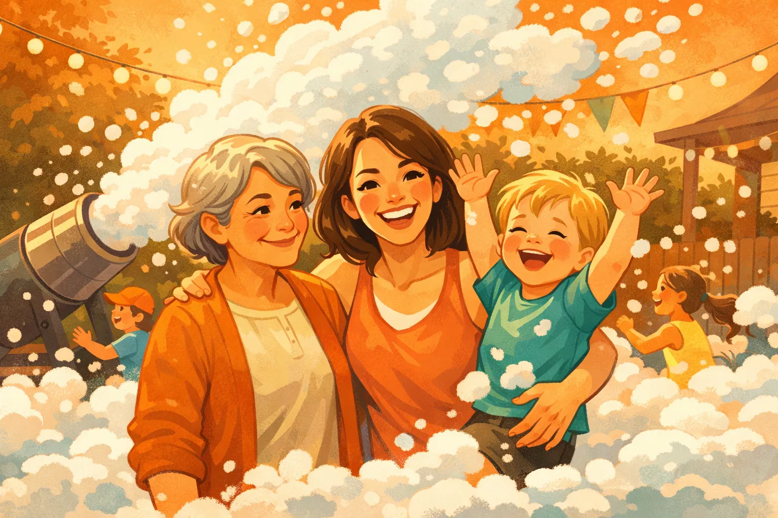 Three generations celebrating with foam