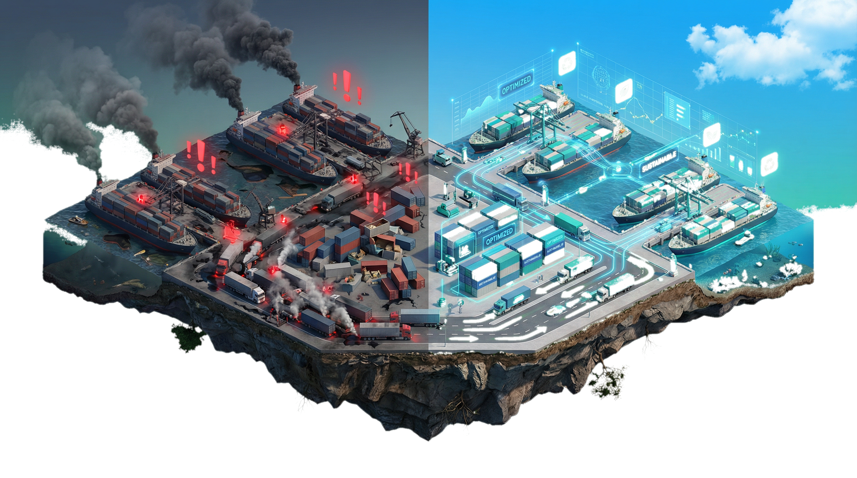 Isometric port: congested pollution on the left, AI-optimized clean operations on the right