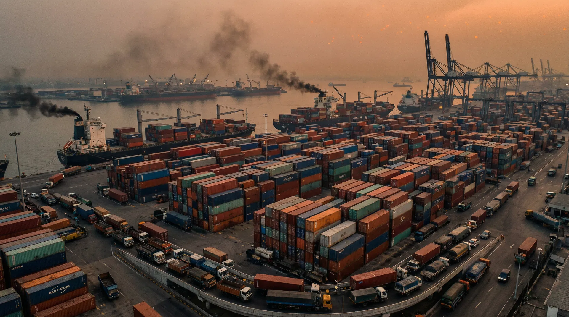 Congested port with pollution and traffic