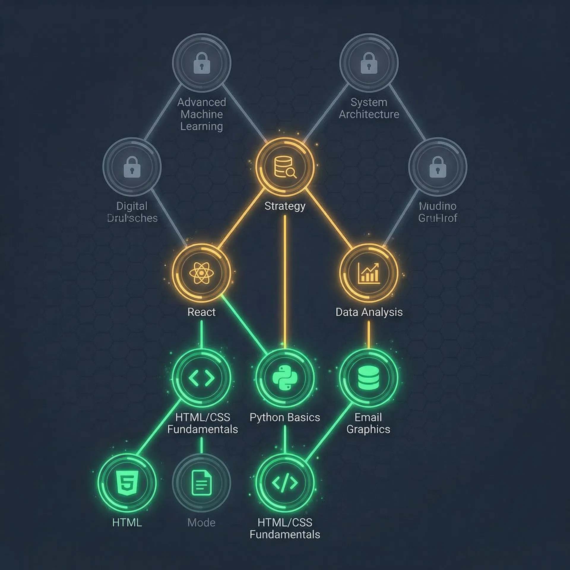 Visualização da Árvore de Habilidades mostrando competências mapeadas e níveis de progresso