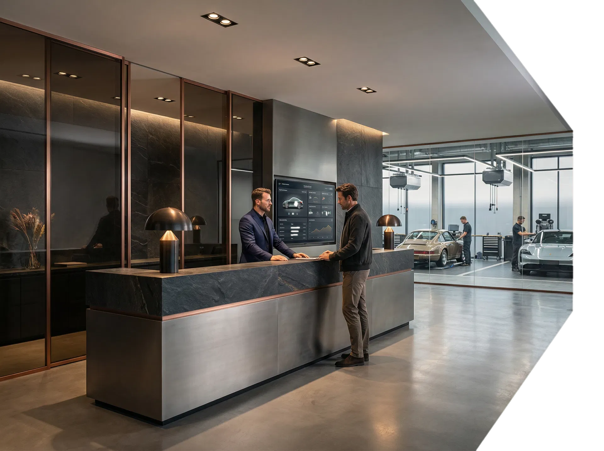 Empfangs- und Beratungsbereich der fiktiven Werkstatt Velox Garage