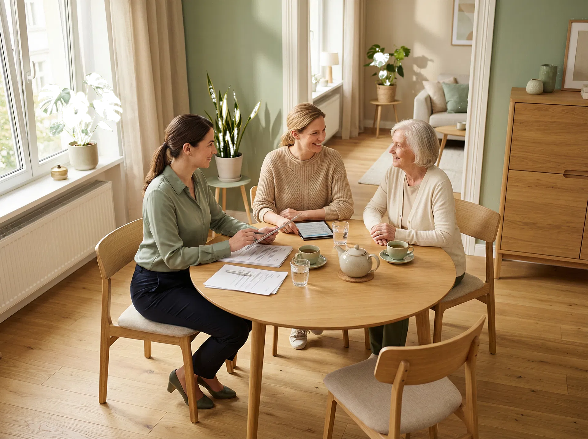 Beratungsgespräch zwischen Angehöriger und Pflegeberaterin