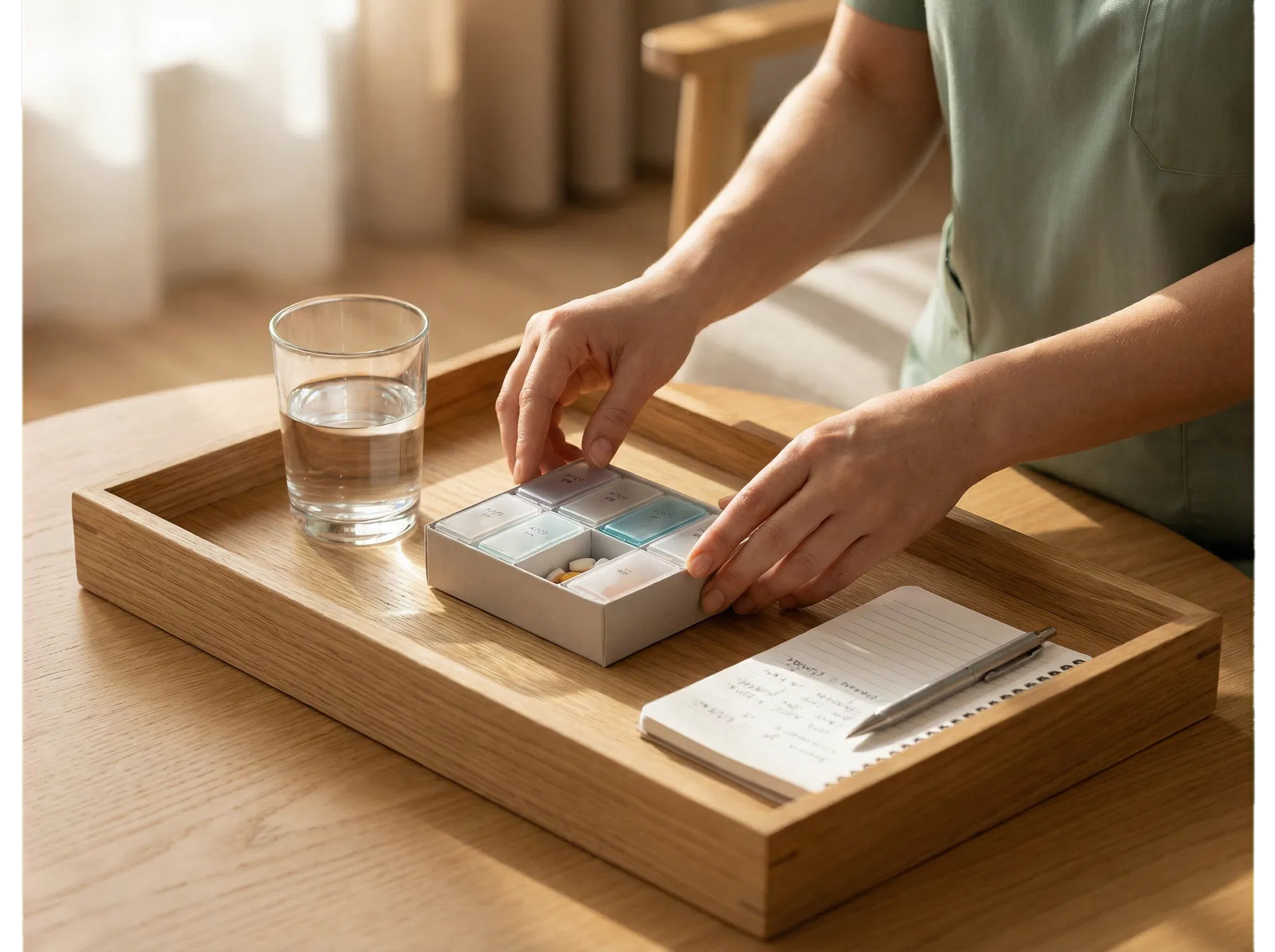 Pflegekraft organisiert Medikamente in ruhiger häuslicher Umgebung