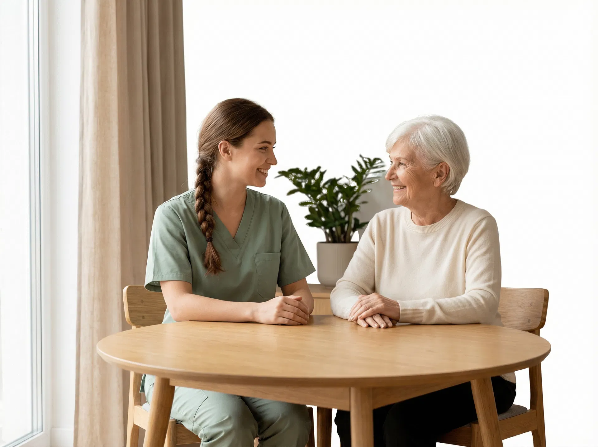 Pflegekraft im Gespräch mit älterer Dame in einem hellen Zuhause
