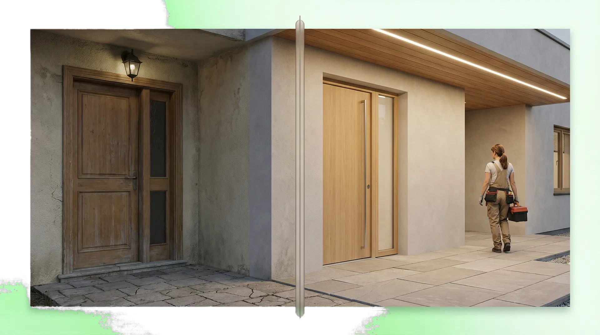 Glaubwürdige Vorher-Nachher-Modernisierung eines Eingangsbereichs