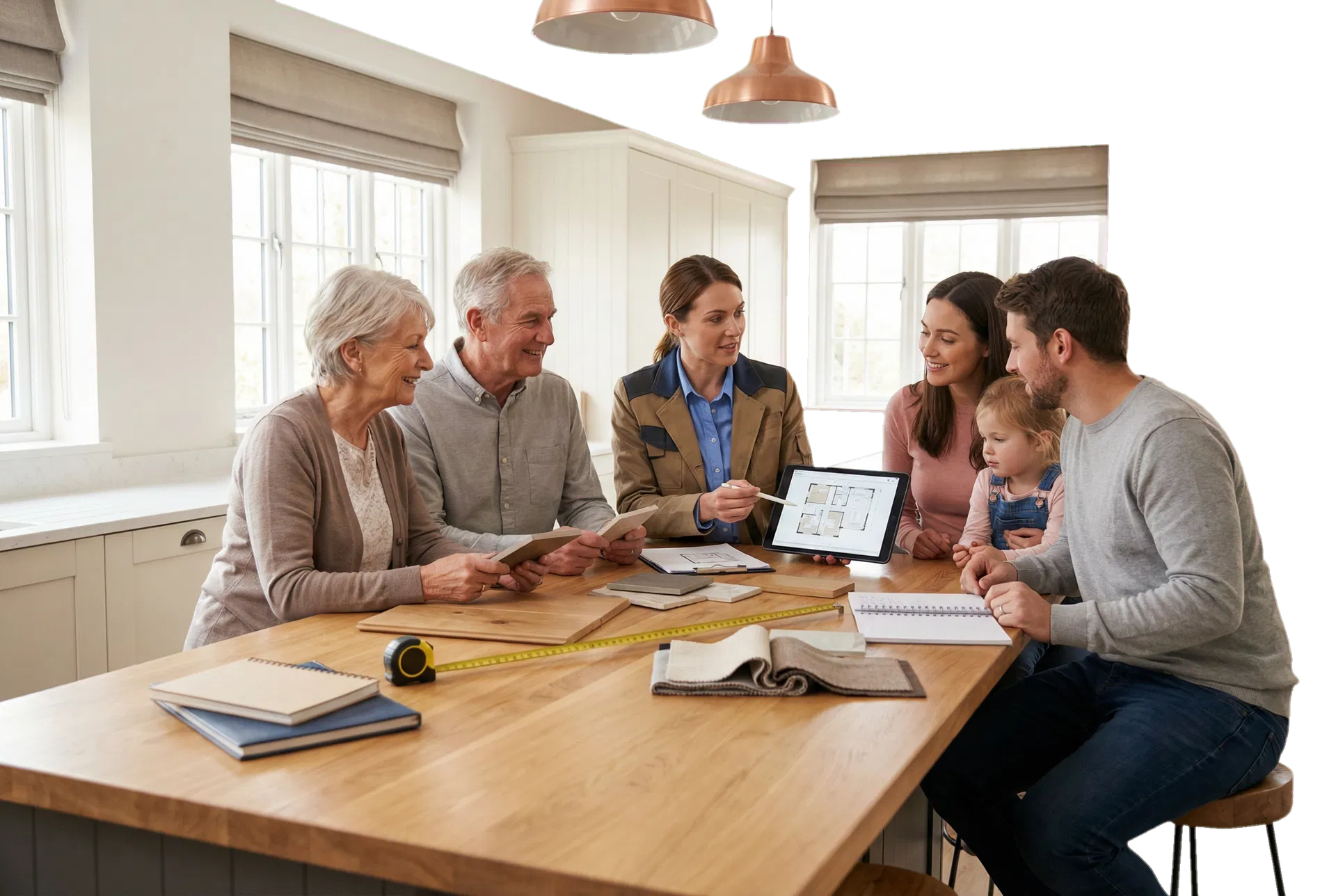 Beratungssituation mit Handwerksmeisterin, älterem Paar und junger Familie