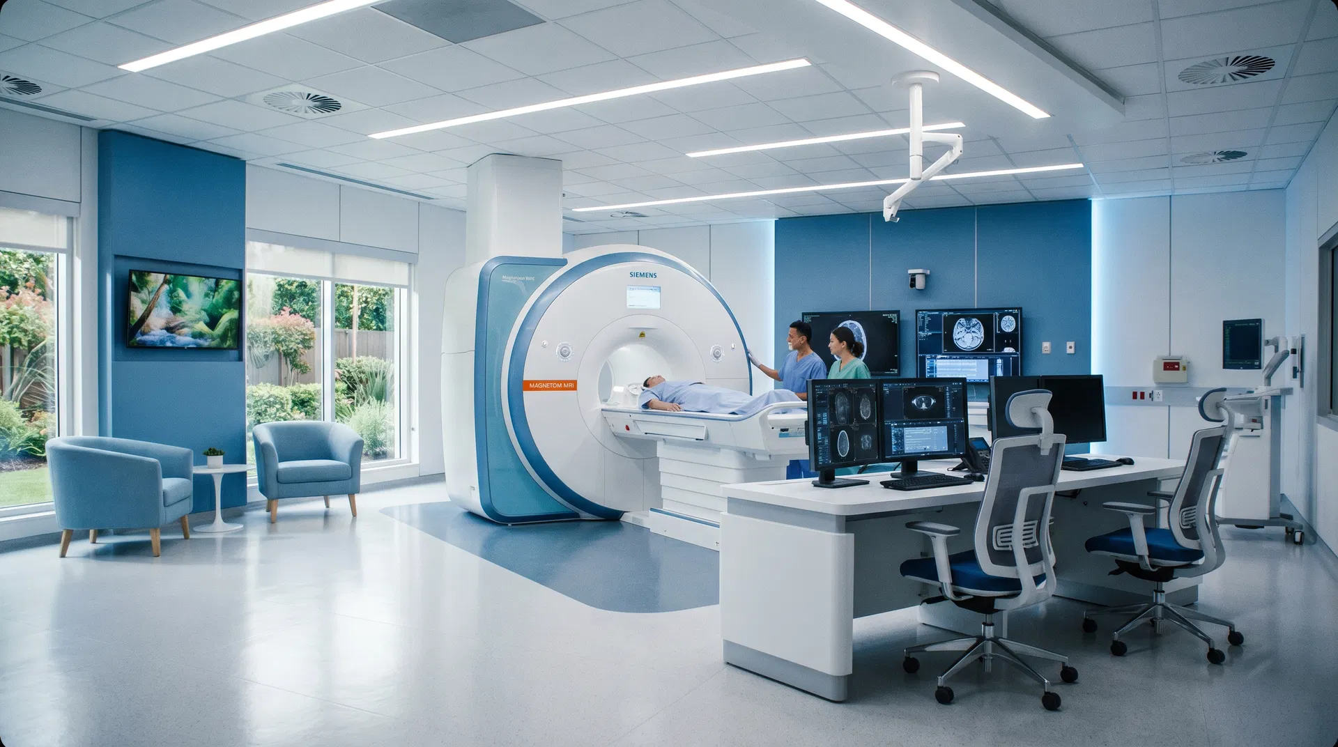 Modern hospital MRI scanner in radiology room