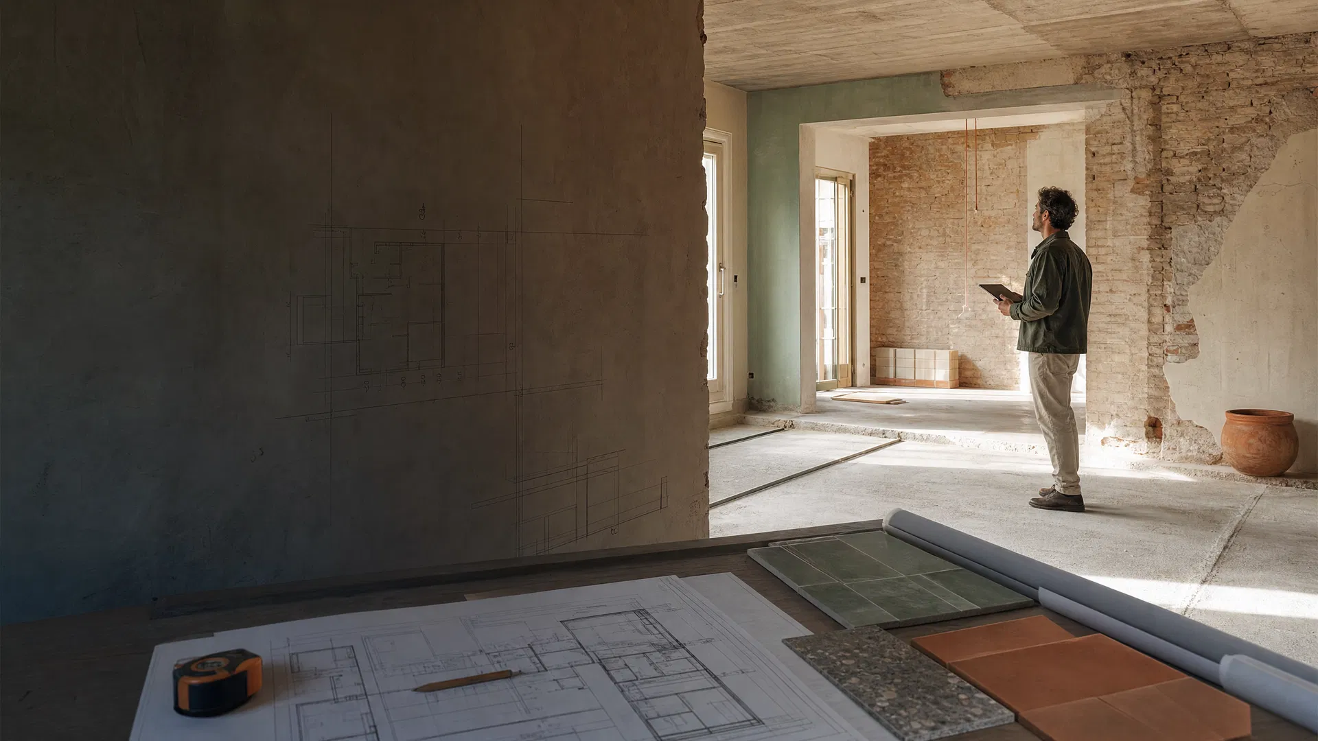 Interno di appartamento in ristrutturazione con materiali e tavole tecniche