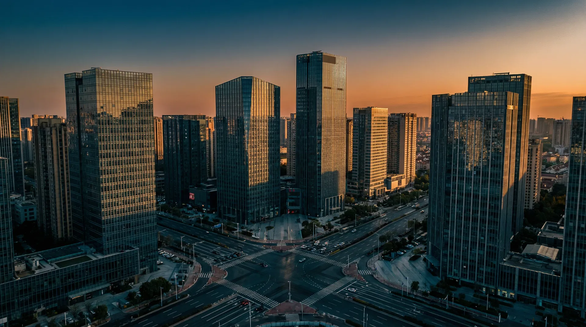 Commercial real estate skyline at twilight