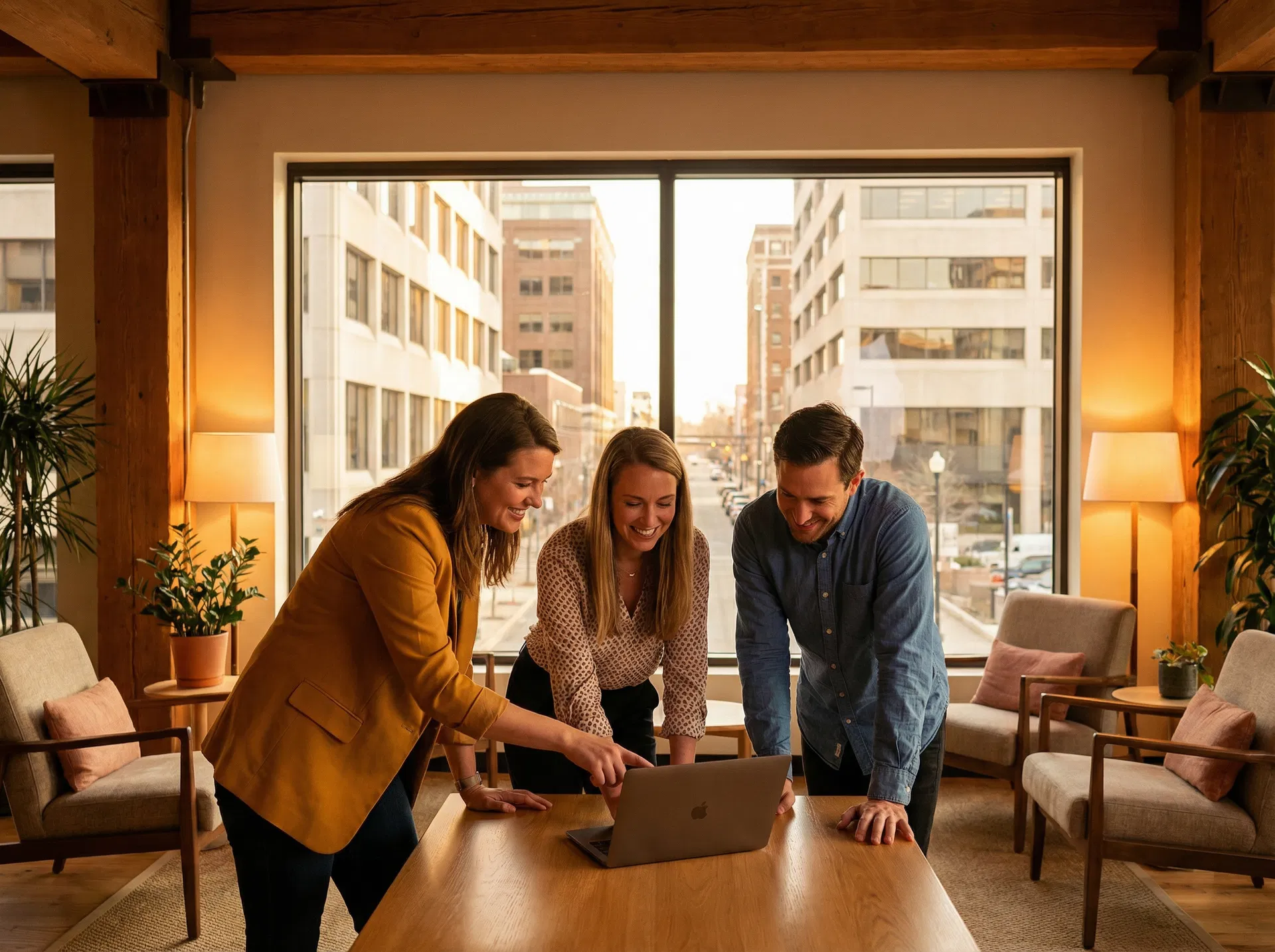 Professionals collaborating in a warm co-working space with commercial buildings visible outside