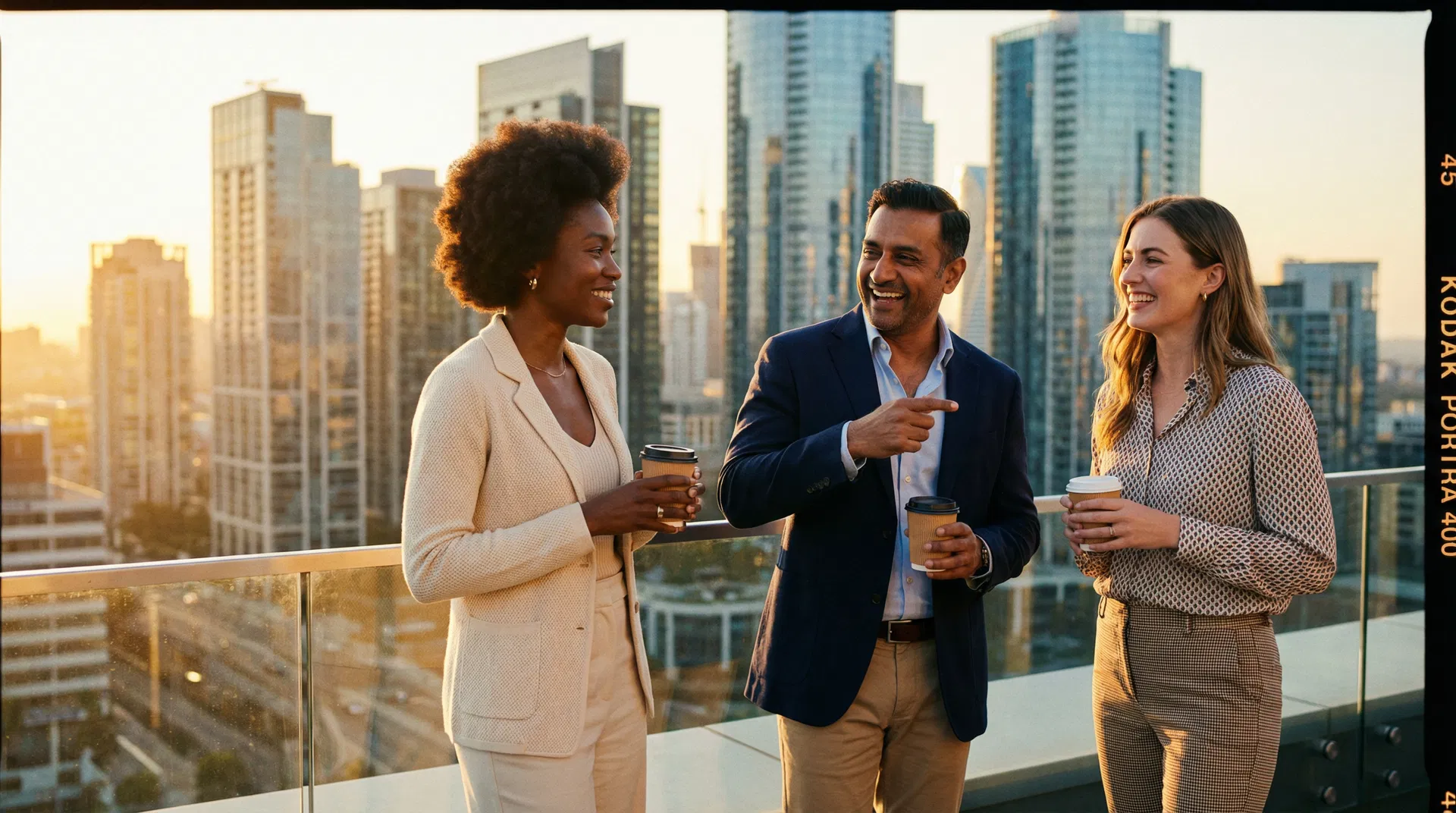 Diverse professionals networking on a rooftop overlooking a commercial real estate skyline at golden hour