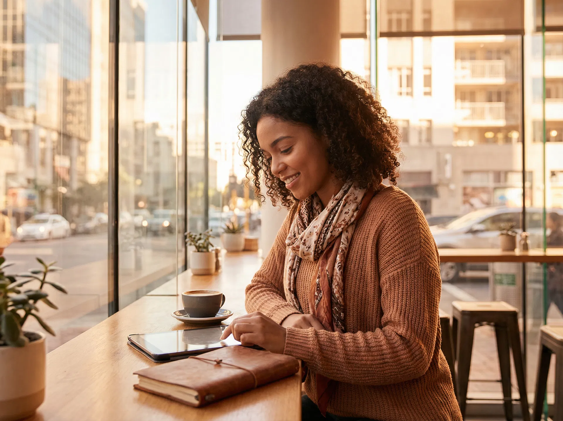 Young professional studying commercial real estate on a tablet in a warm cafe