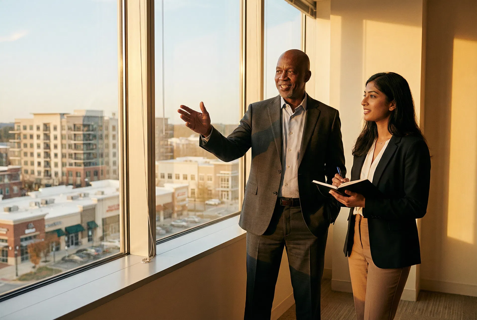 Experienced mentor explaining commercial real estate concepts to a young professional by a window overlooking buildings