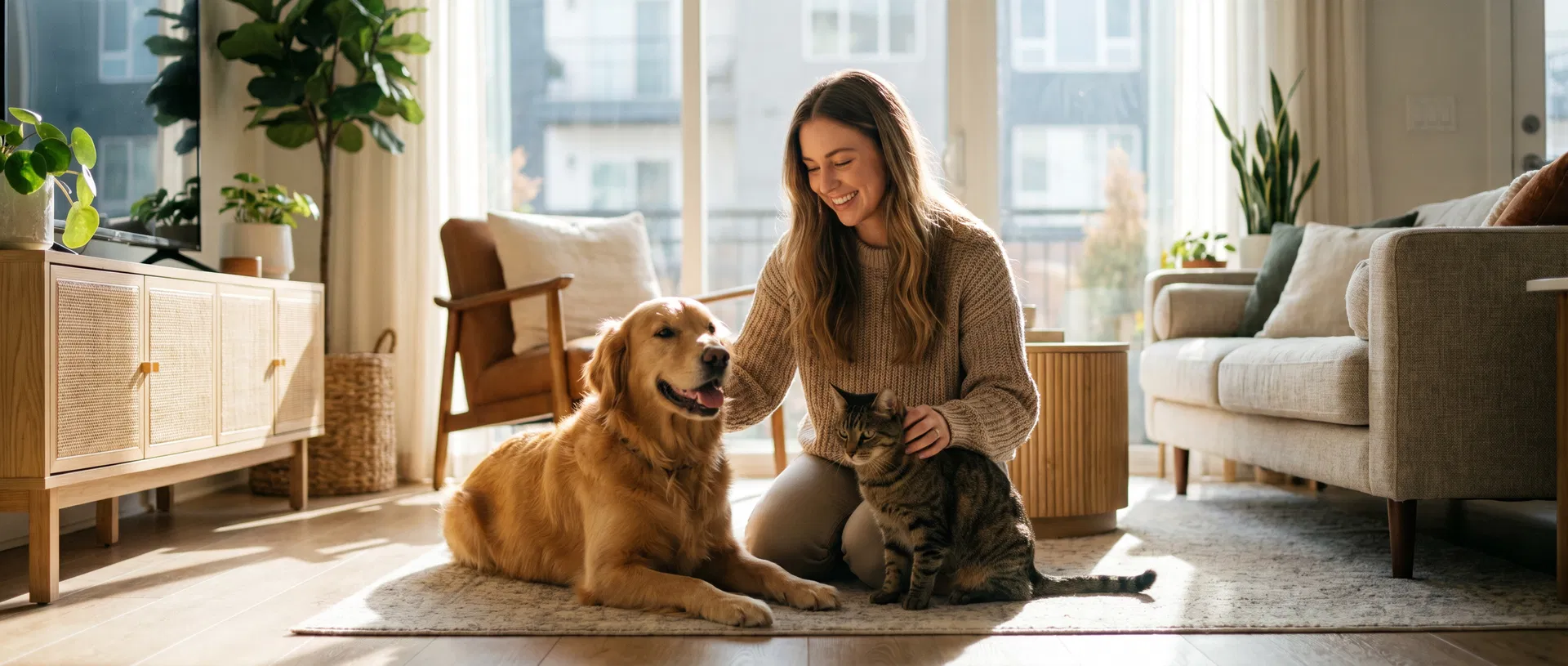 Happy pet owner with dog and cat