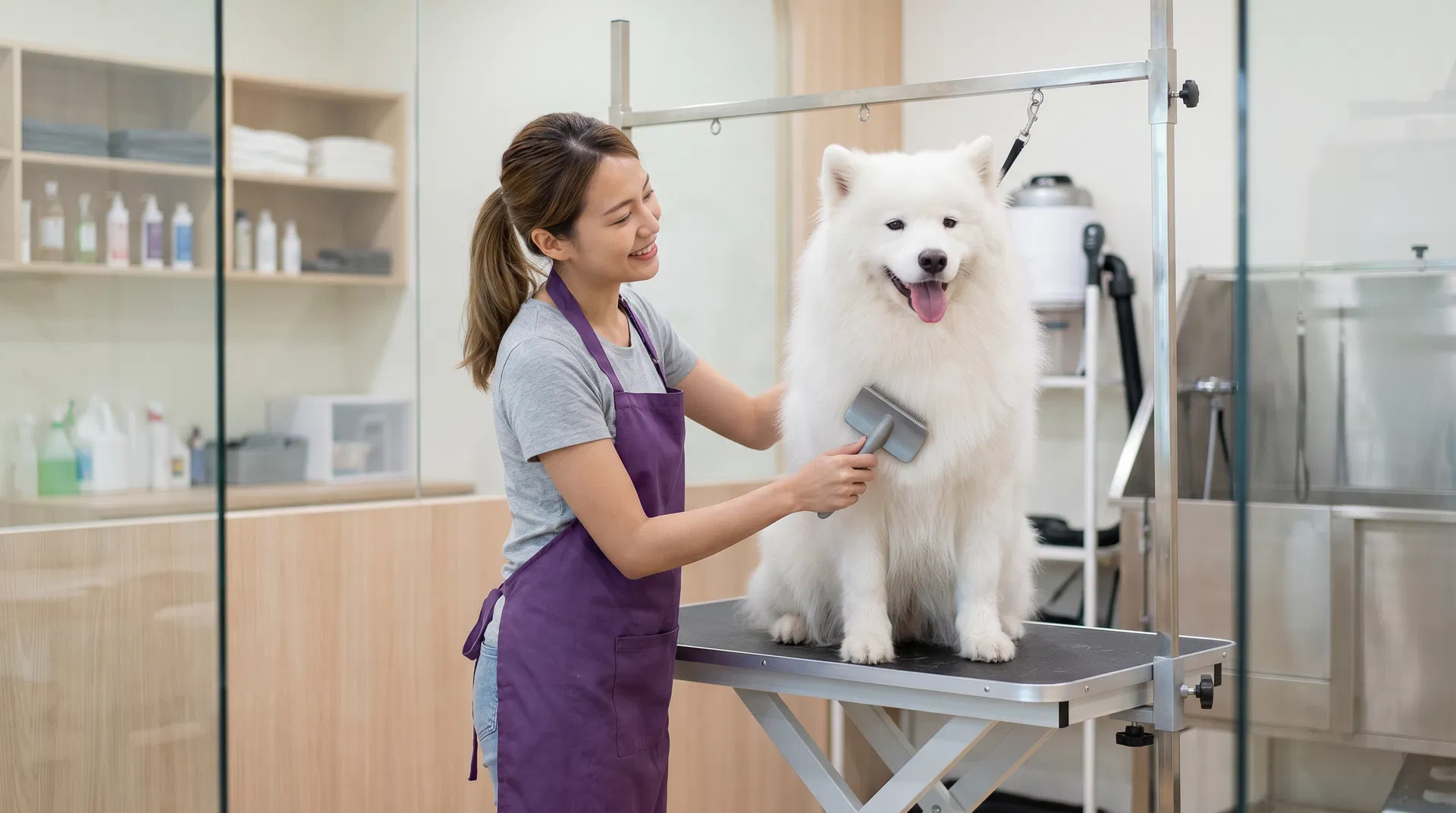 Pet care provider grooming a dog
