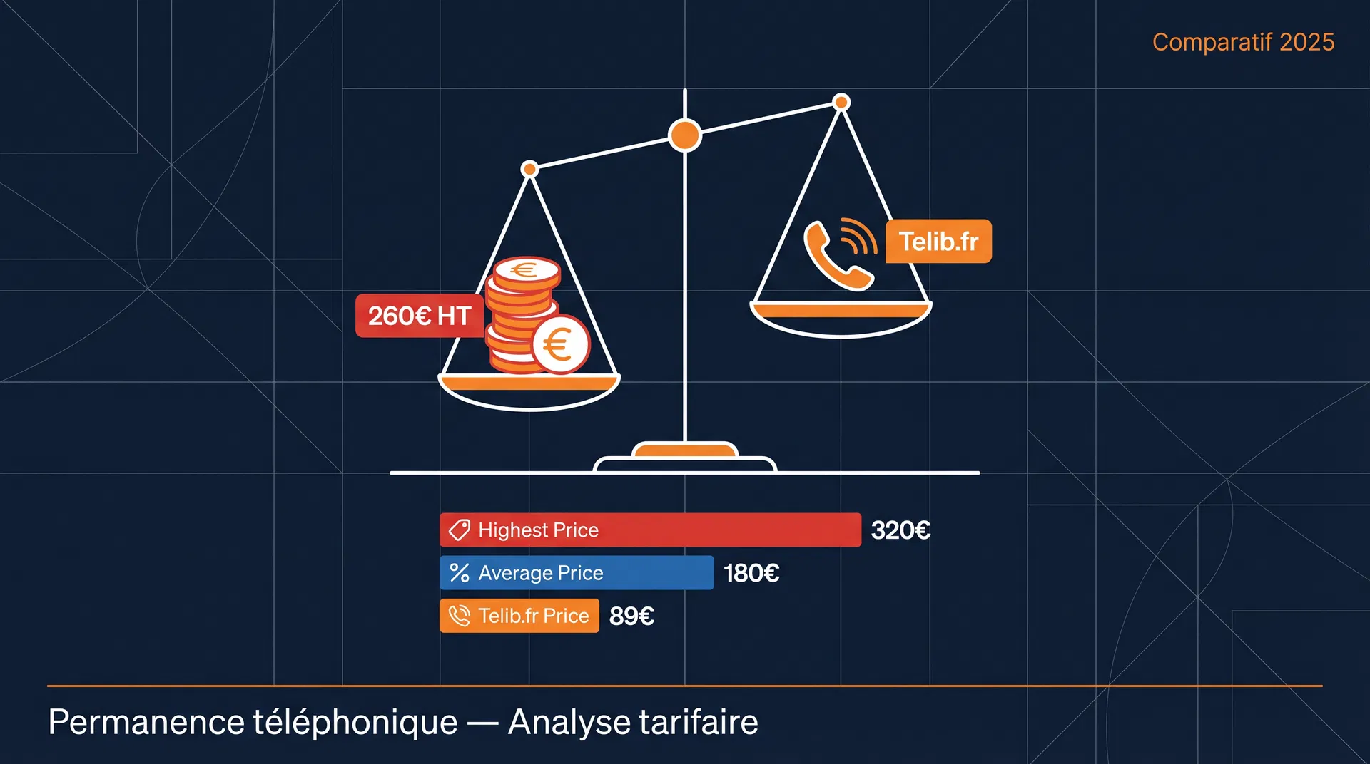 Comparatif permanence téléphonique 2025 — balance des coûts Telib.fr vs concurrent