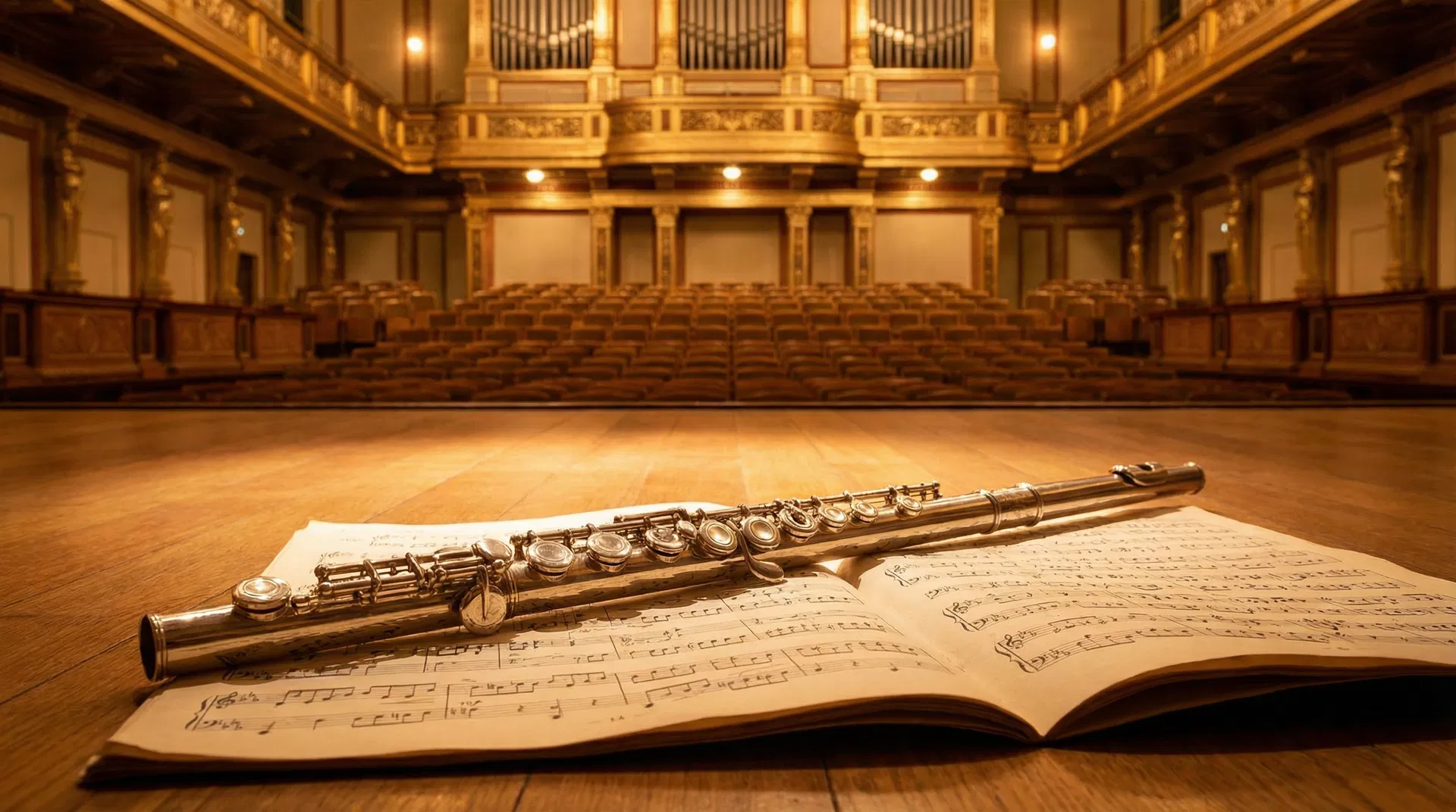 Flauta transversal e partituras em auditório erudito clássico