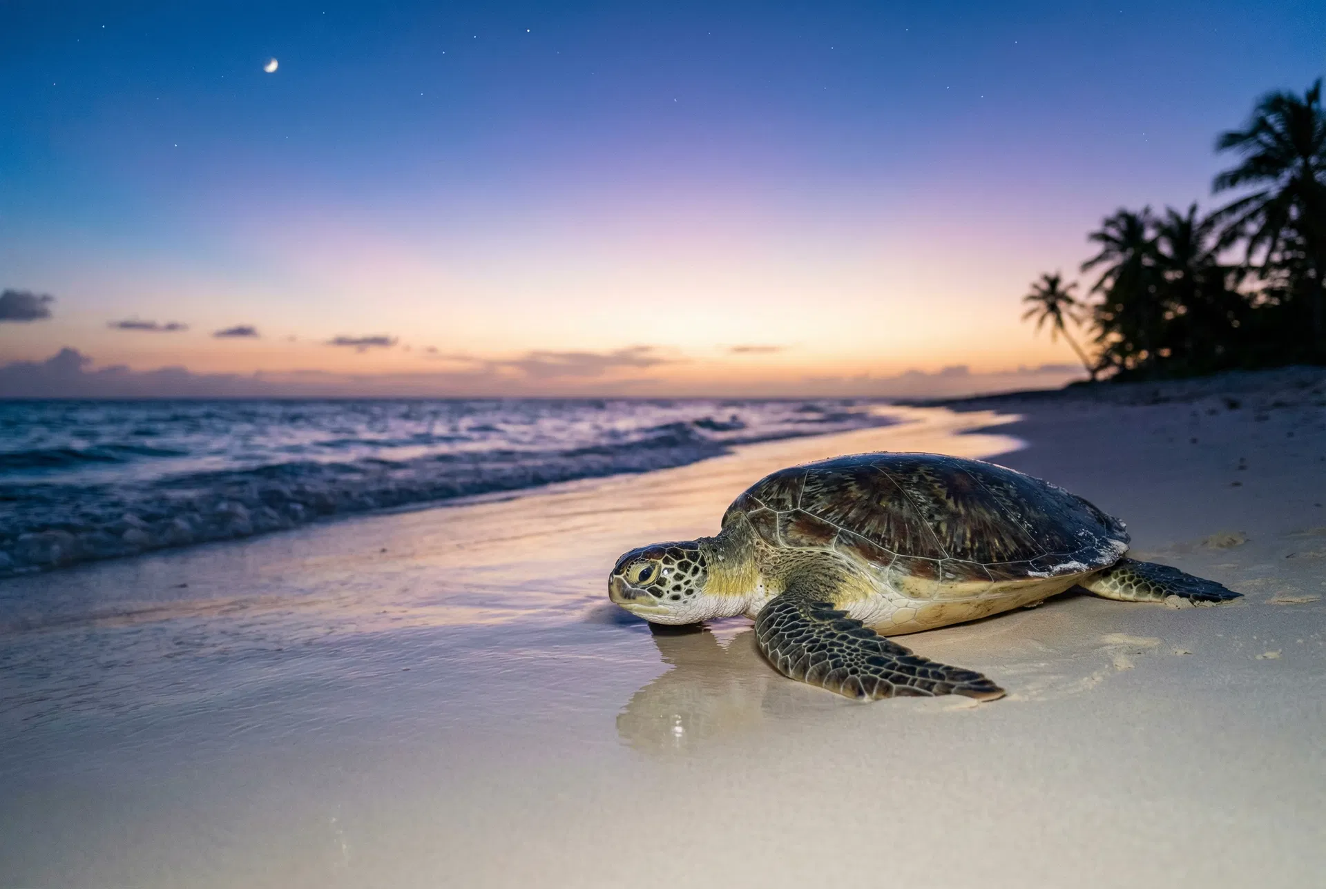 Sea turtle on the beach at twilight