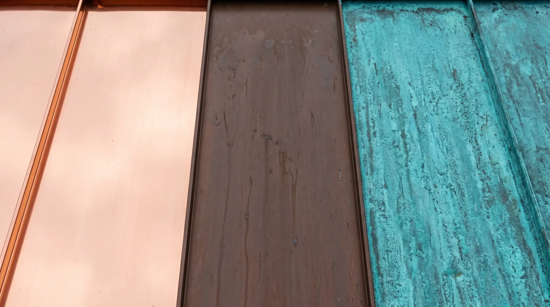 Copper patina stages from bright to verdigris
