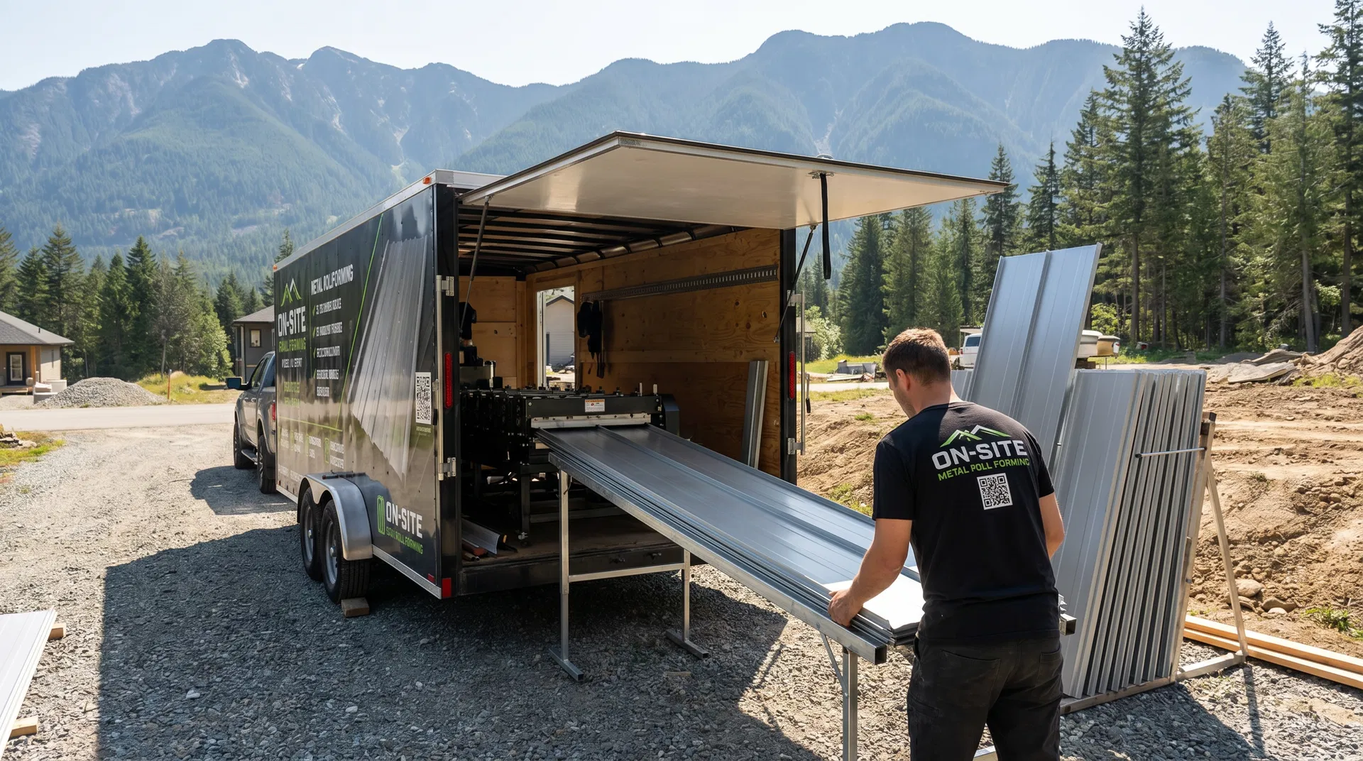 On-Site Metal Roll Forming operator stacking 12-inch standing seam panels beside the mobile fabrication trailer