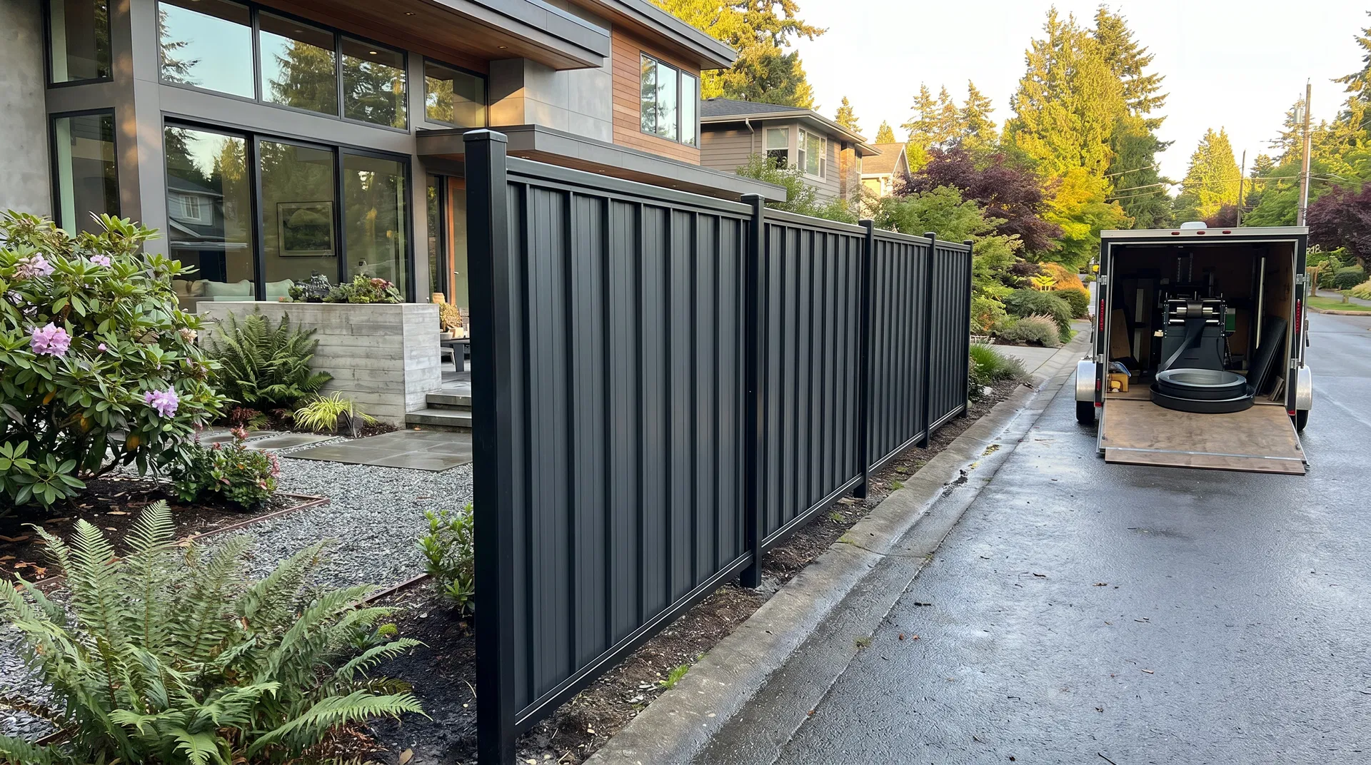 Modern metal panel privacy fence at a residential property